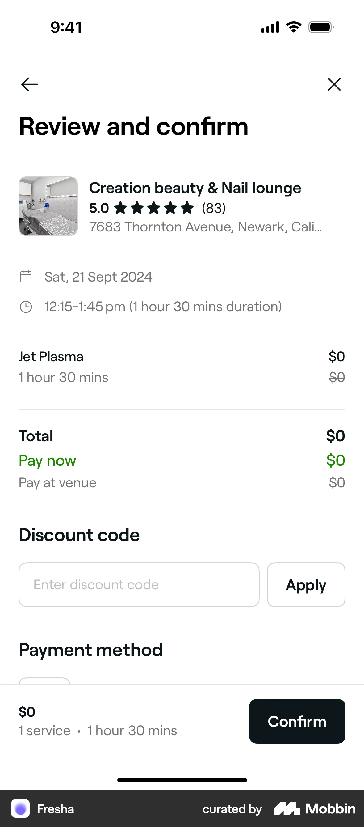 Fresha iOS Checkout screen