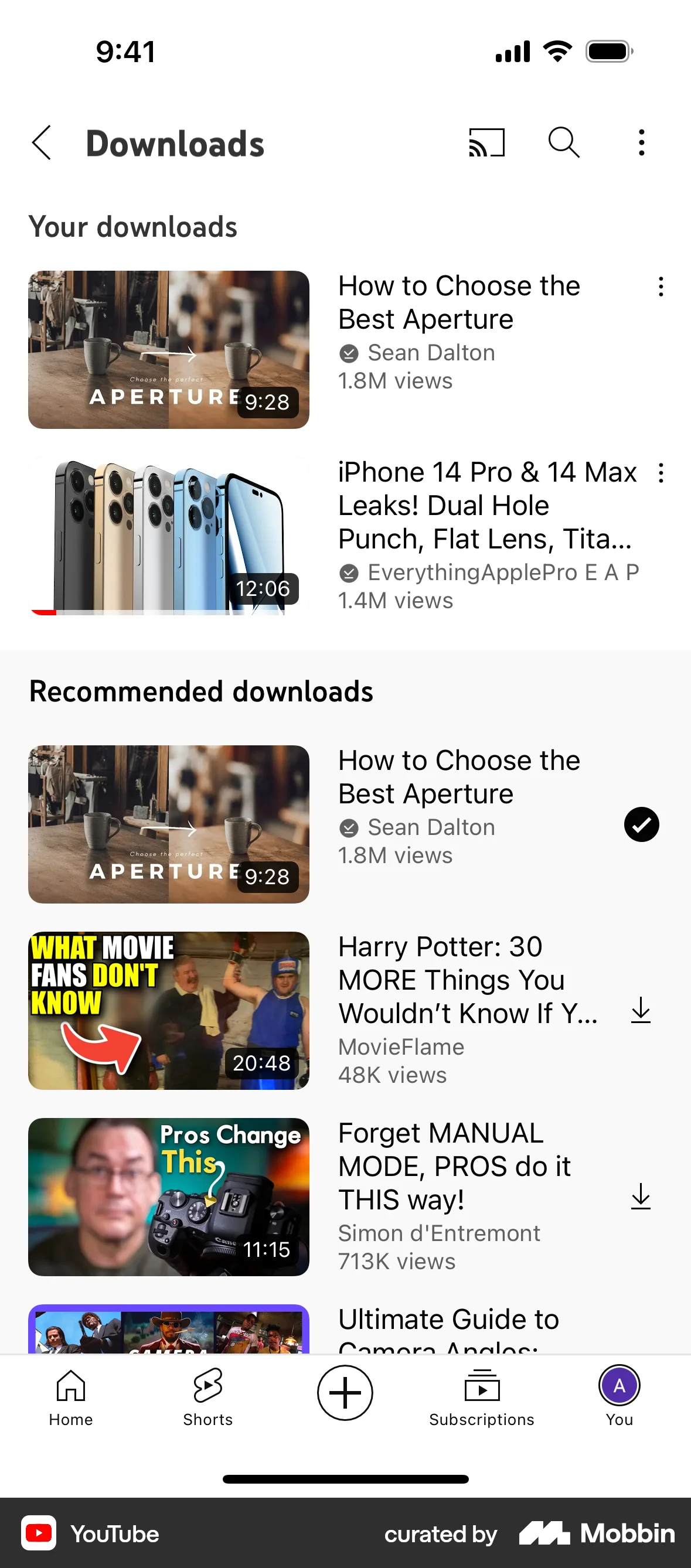 YouTube iOS Suggestions & Similar Items screen