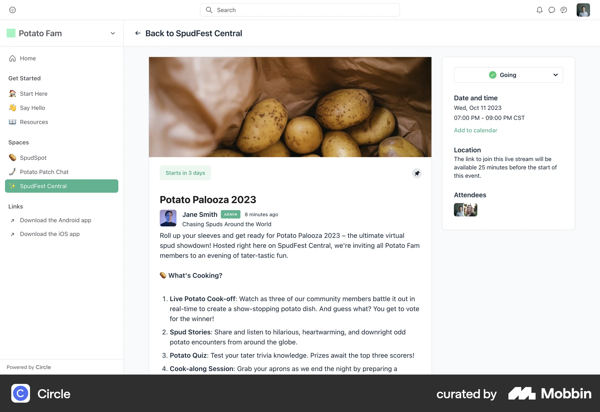 Circle Web Event Detail screen