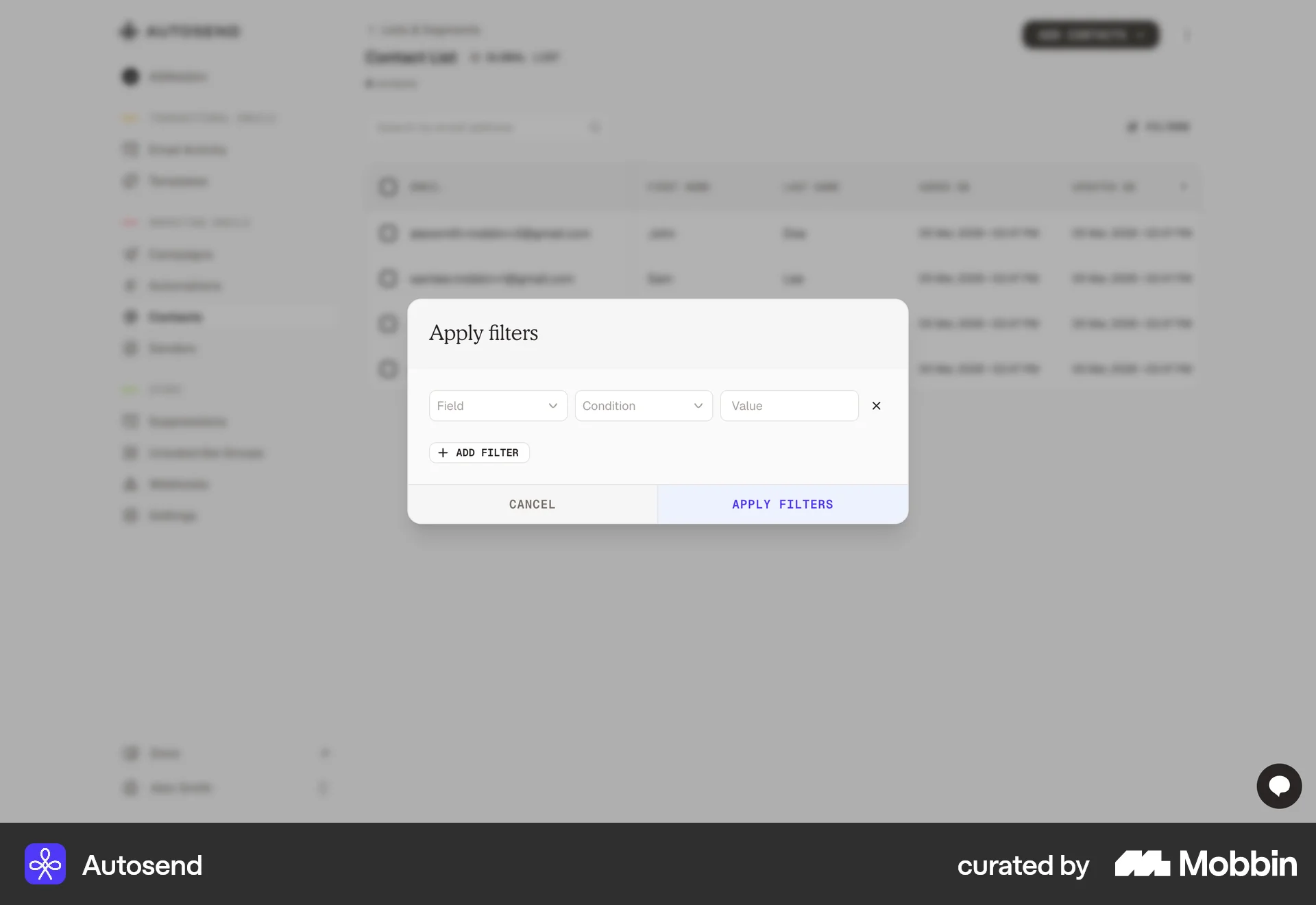 AutoSend Web screen containing Filter Panel UI UI element