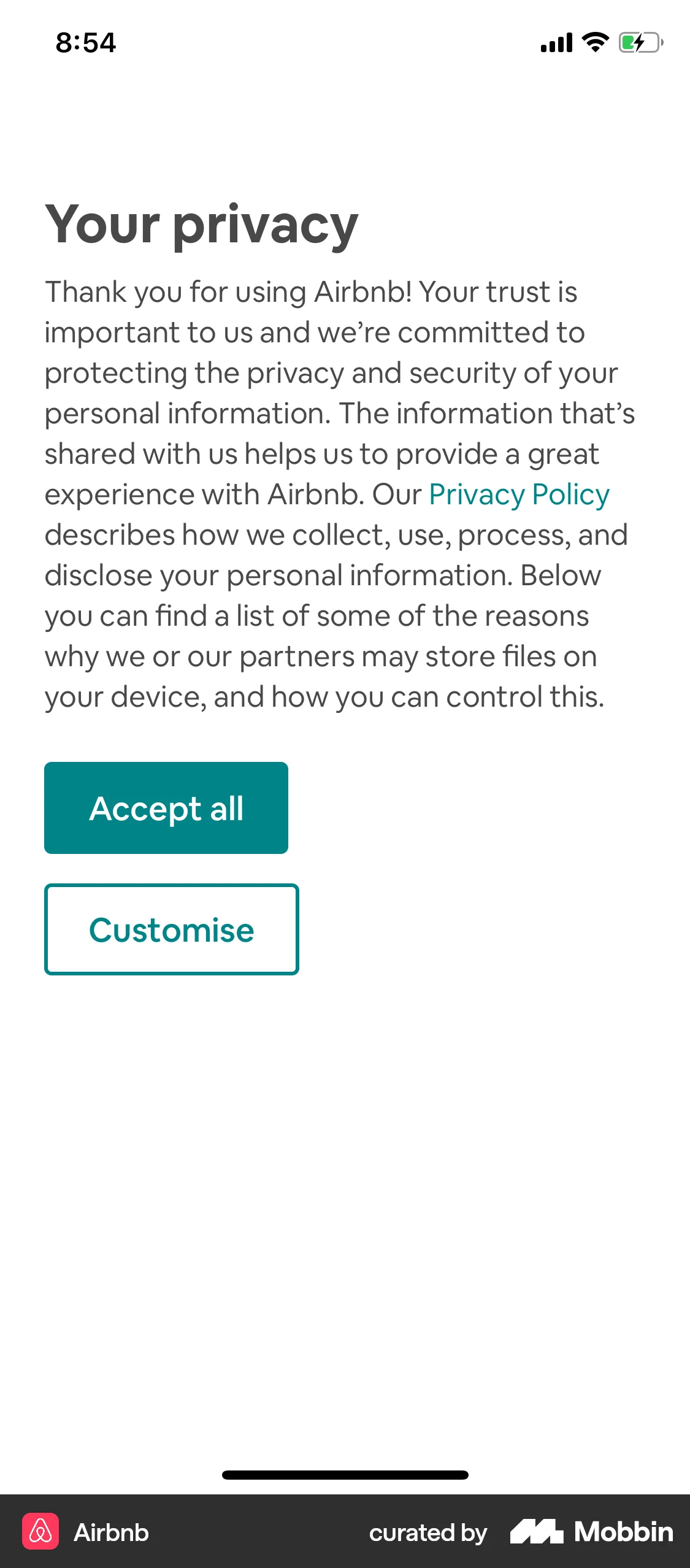Airbnb iOS Privacy Policy screen