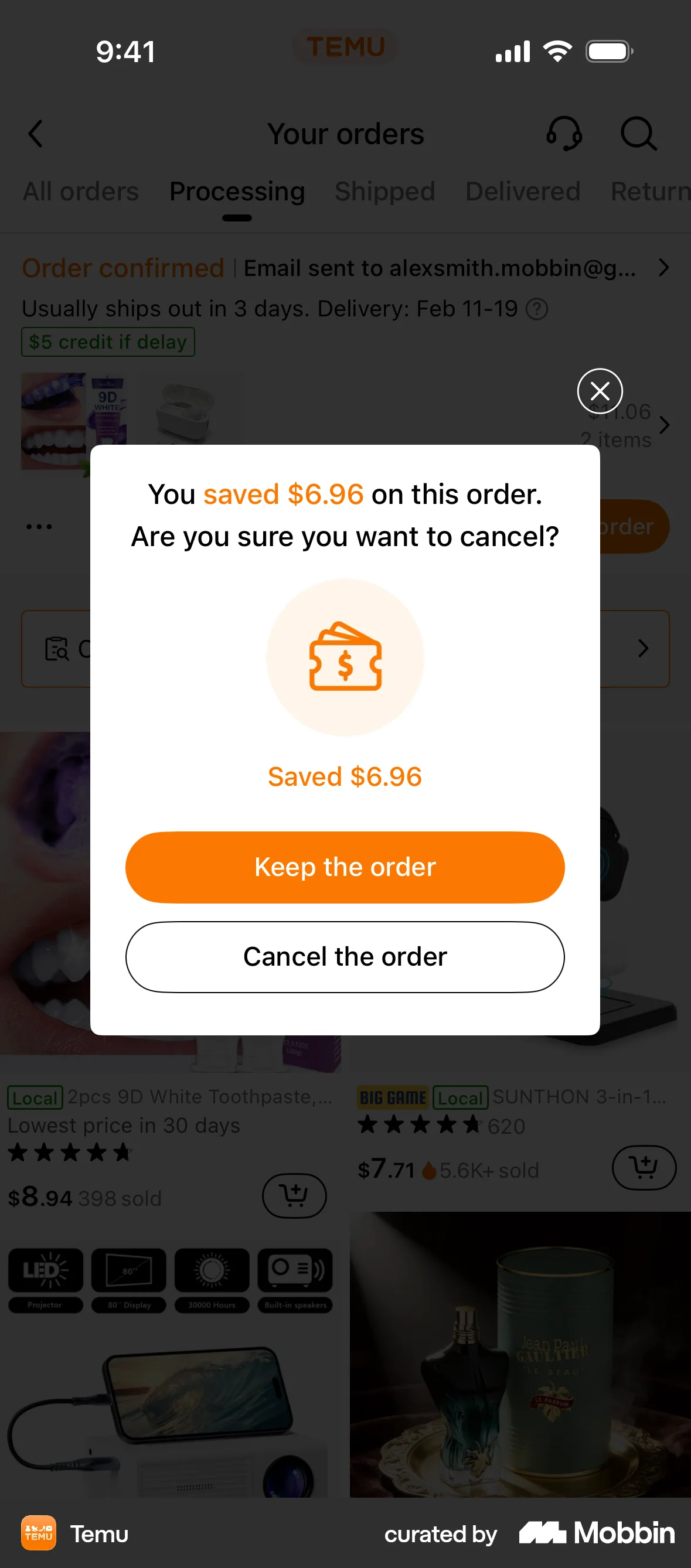 Temu iOS Confirmation screen