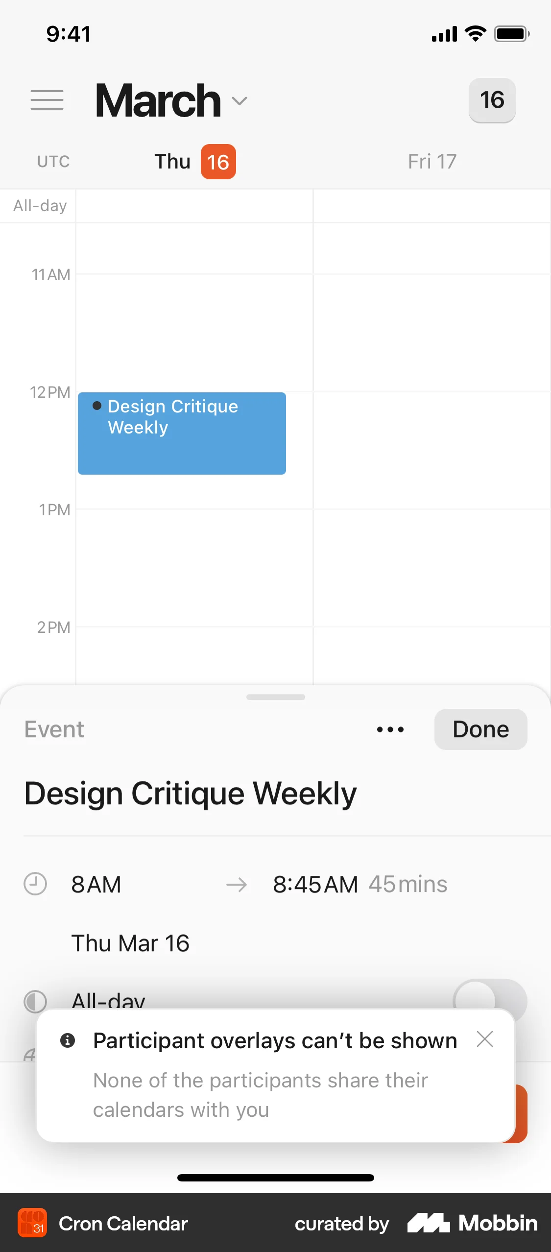 Cron Calendar screen