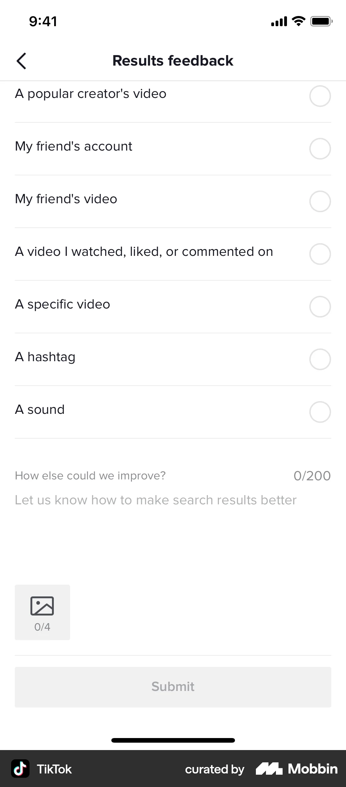 TikTok iOS Feedback screen