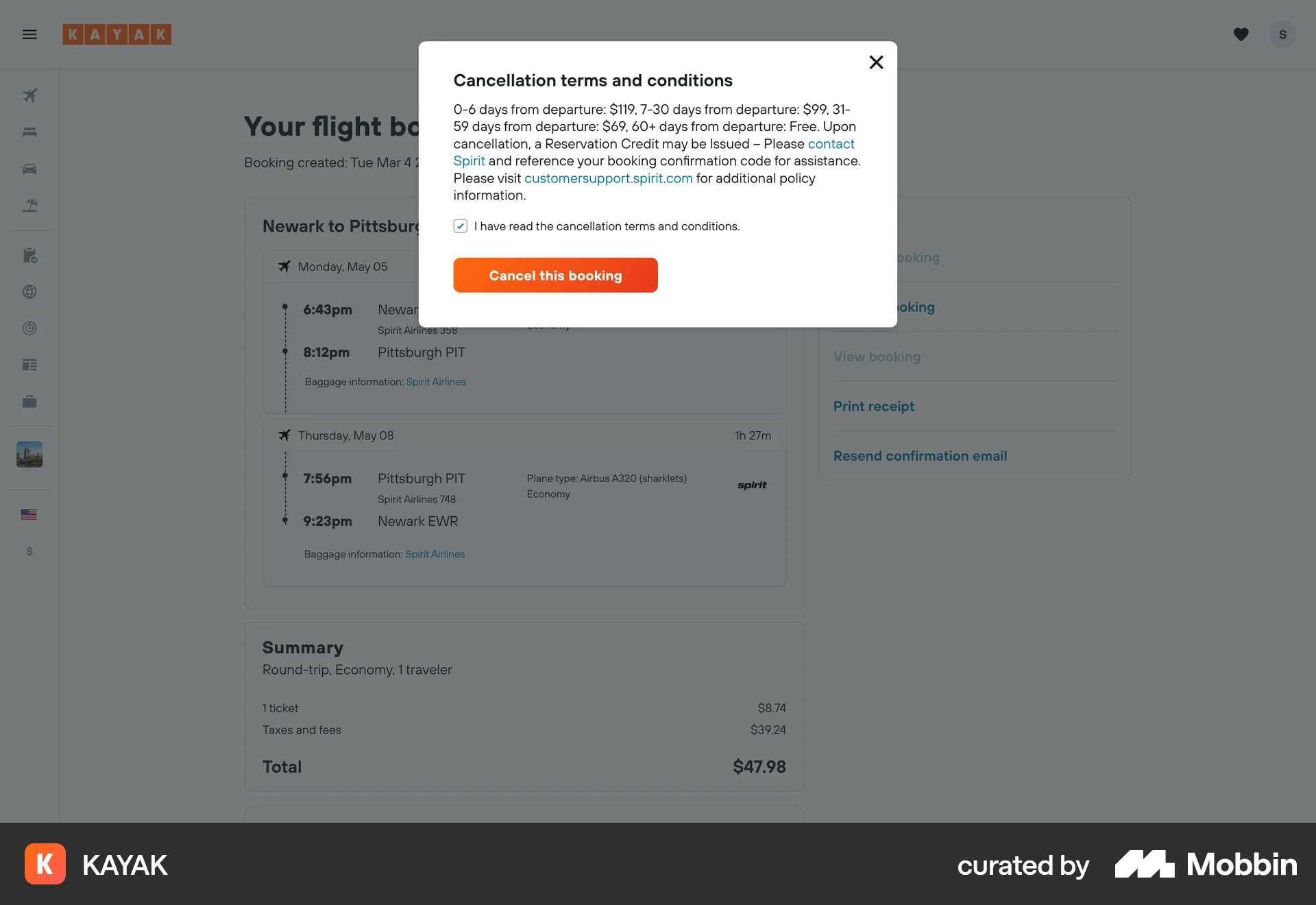 KAYAK Web Cancel screen