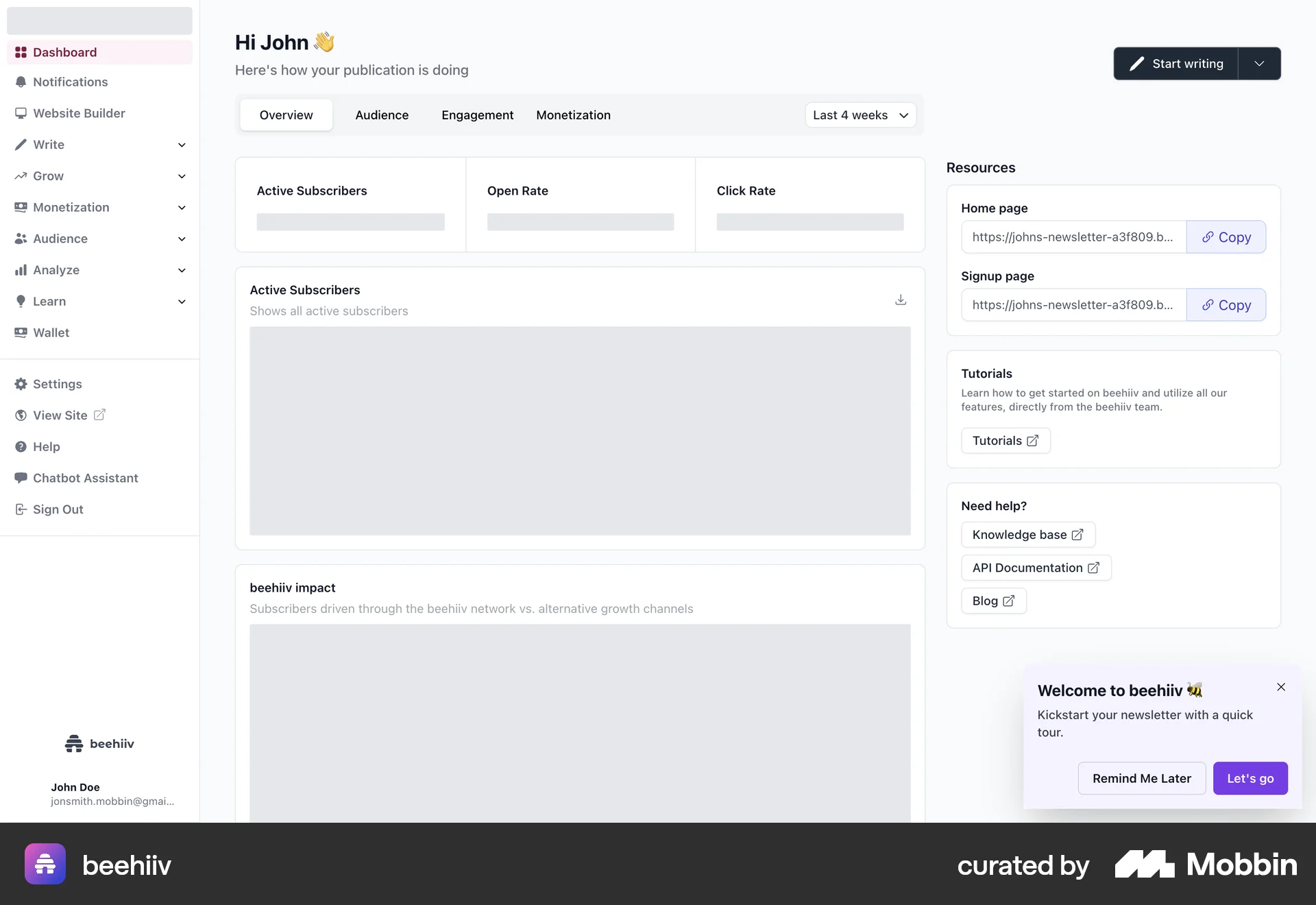 beehiiv Web screen containing Skeleton UI element