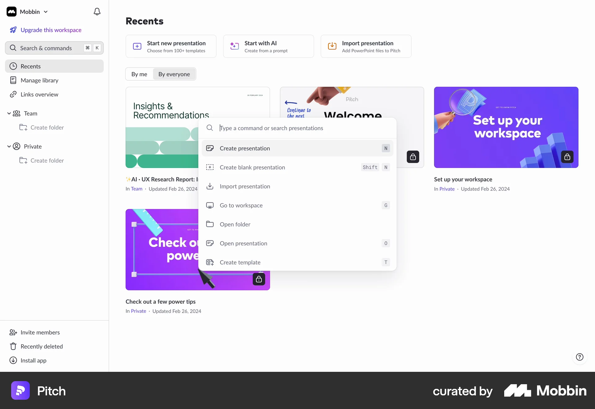 Pitch Web Command Palette screen