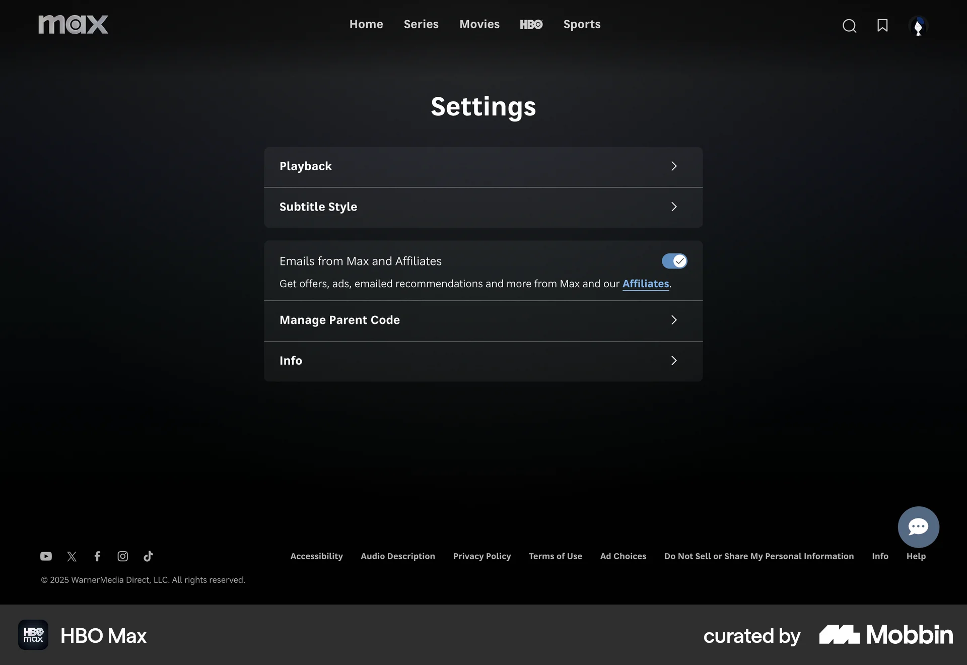 HBO Max Web Settings & Preferences screen