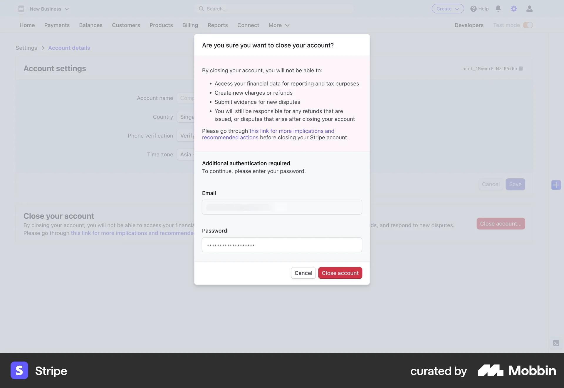Stripe Web Delete & Deactivate Account screen