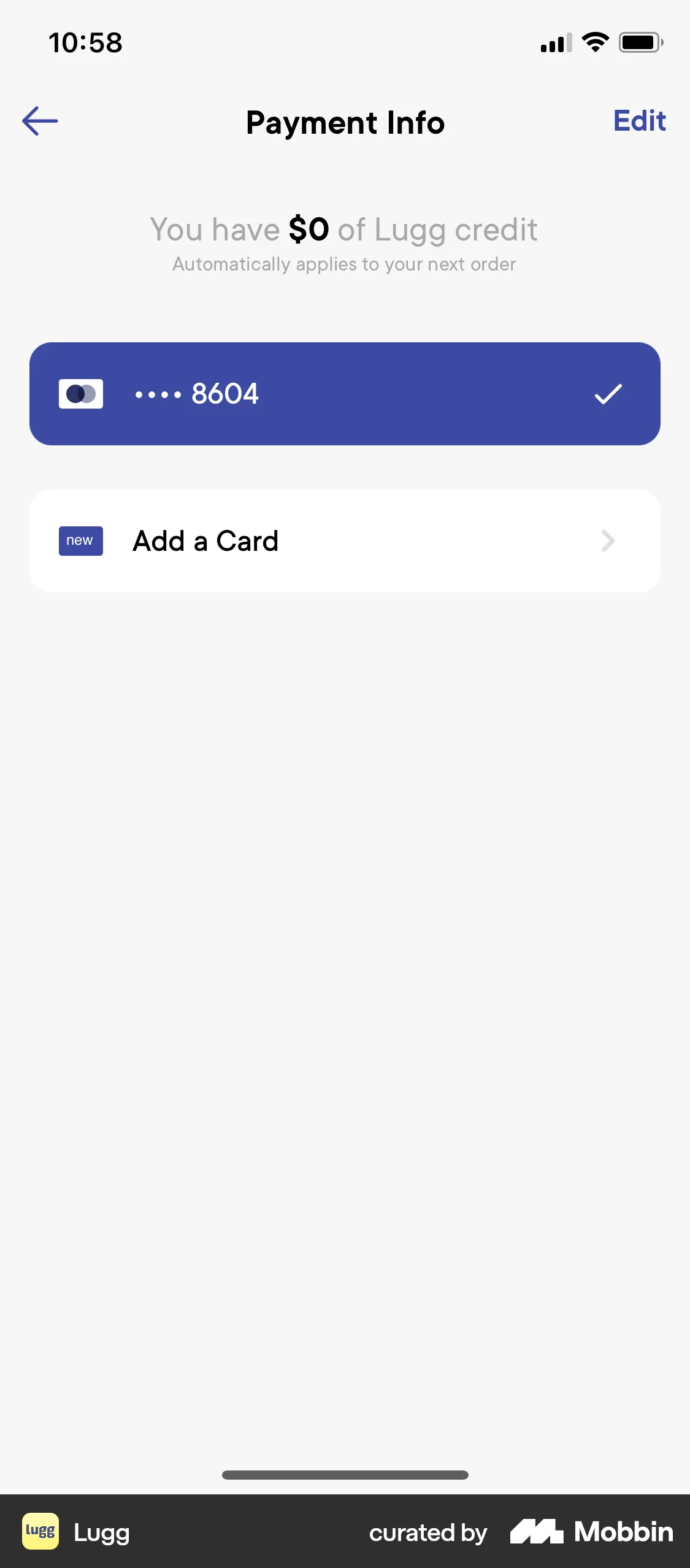 Lugg iOS Payment Method screen