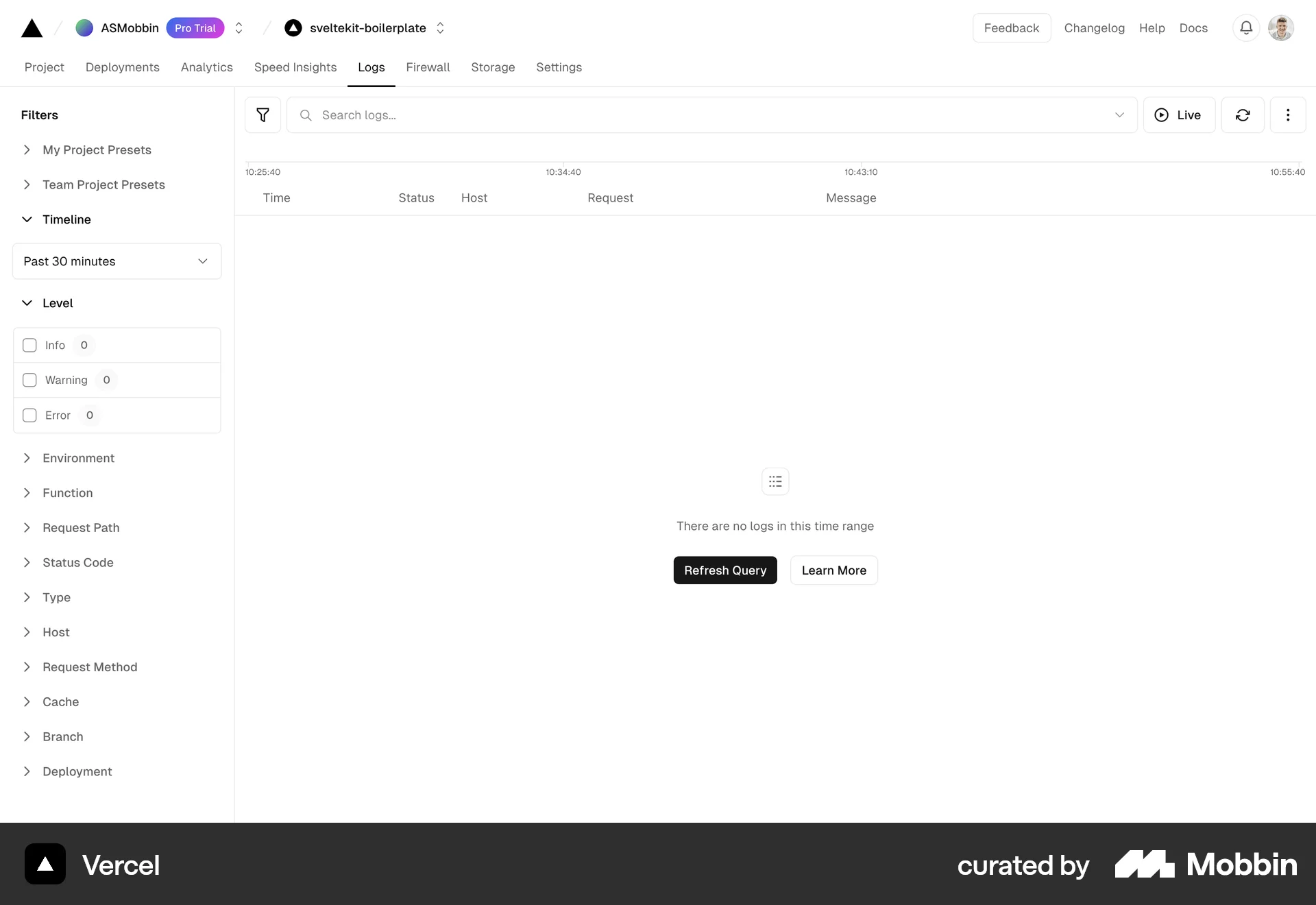 Vercel Web Log Dashboard screen