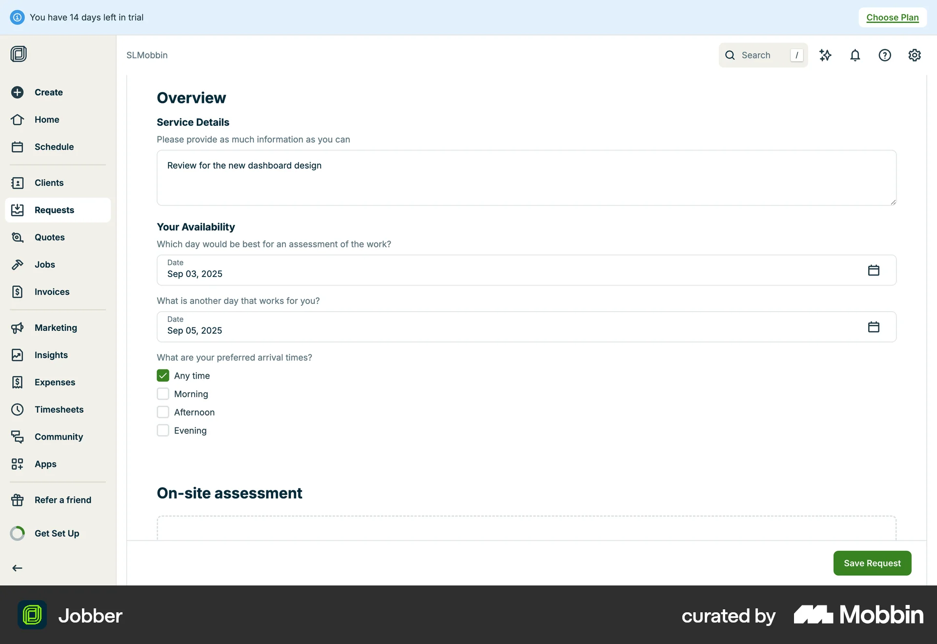 Jobber Web Web Form UI screen