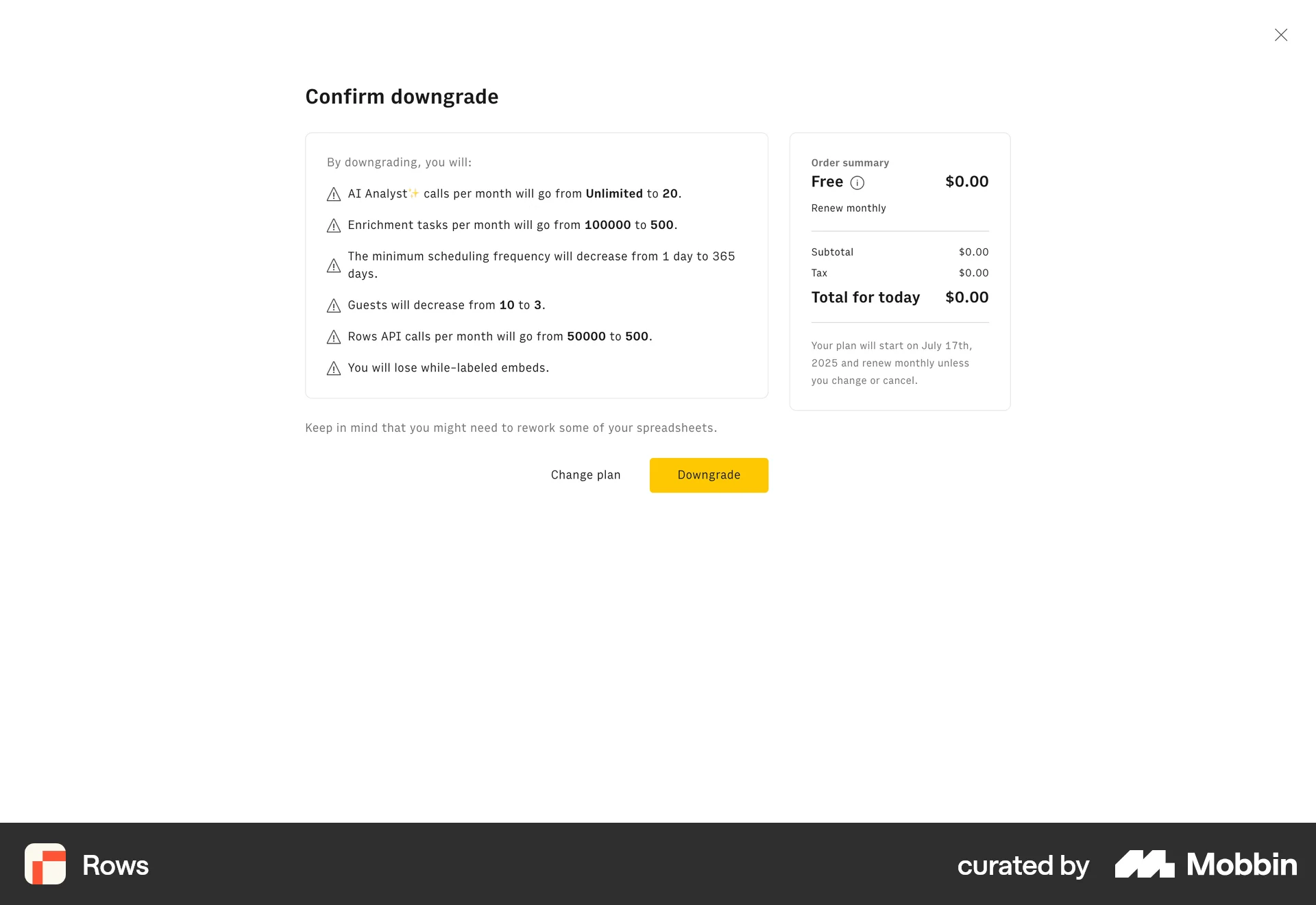 Rows Web Cancel screen