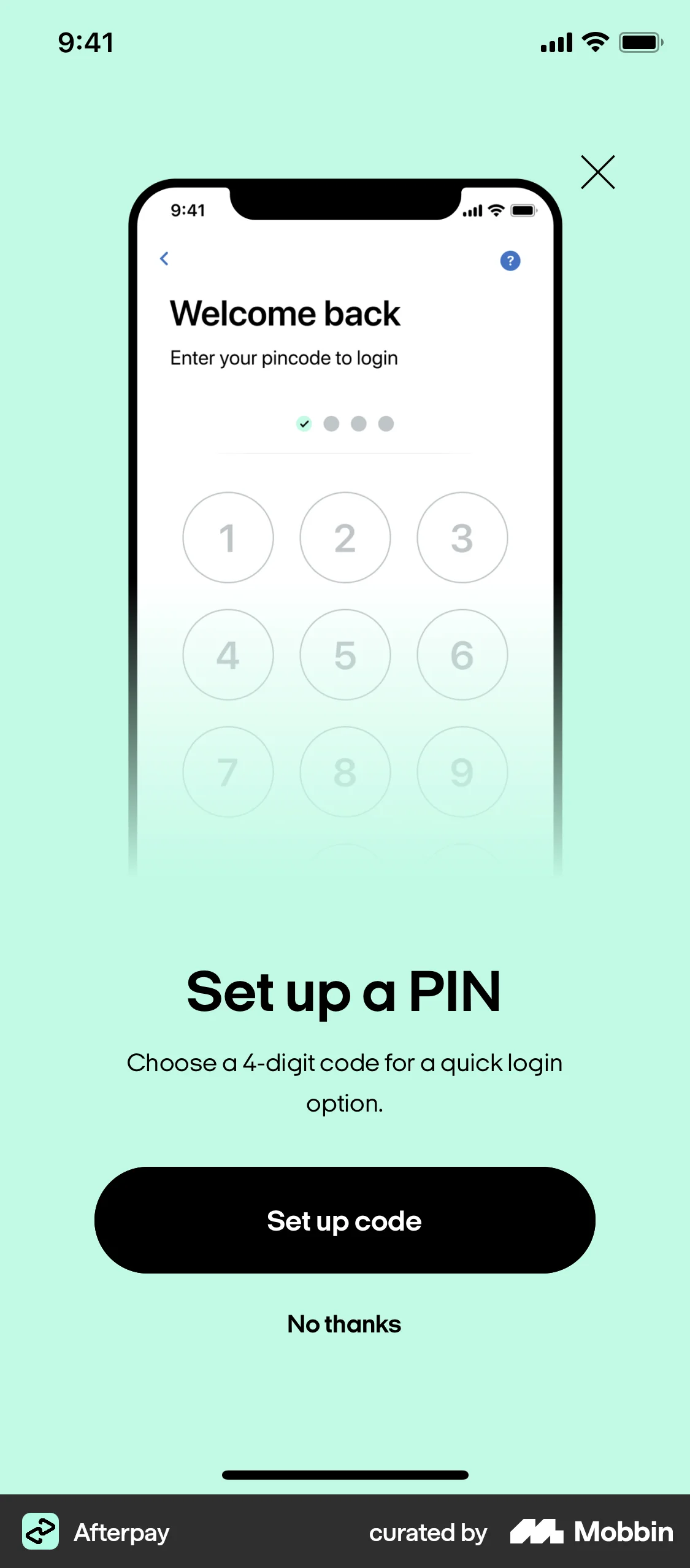 Account Setup Dialog Afterpay iOS PIN Setup Prompt | Mobbin