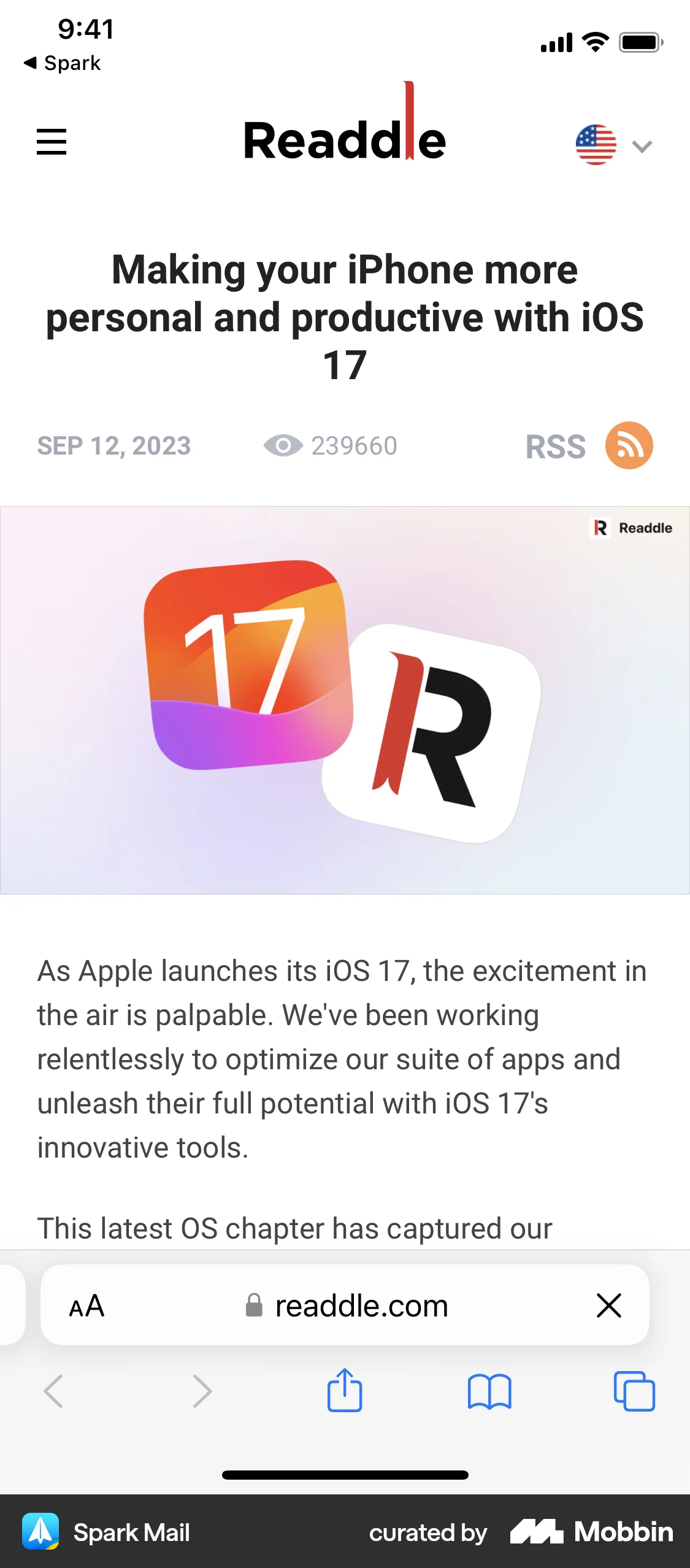 Spark Mail iOS Browser screen