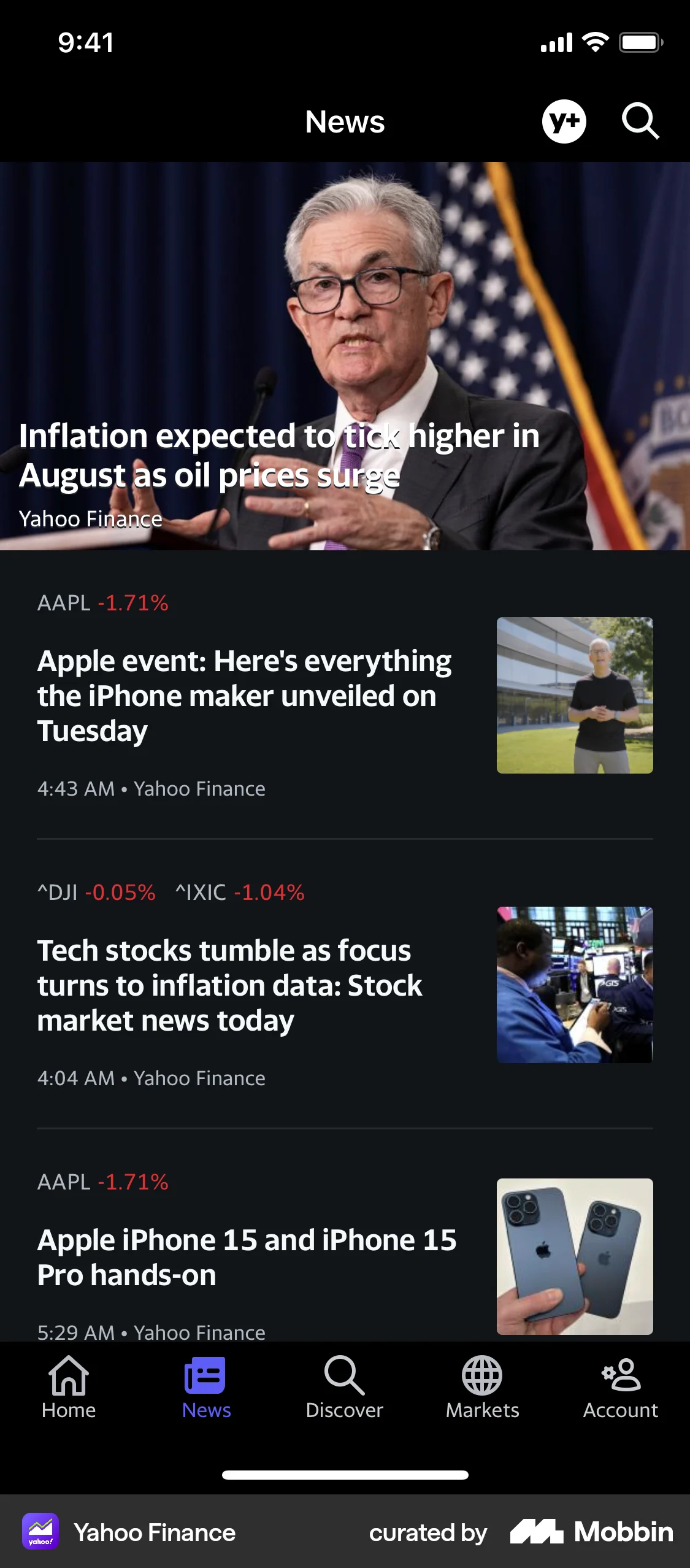 Yahoo Finance iOS News Feed screen