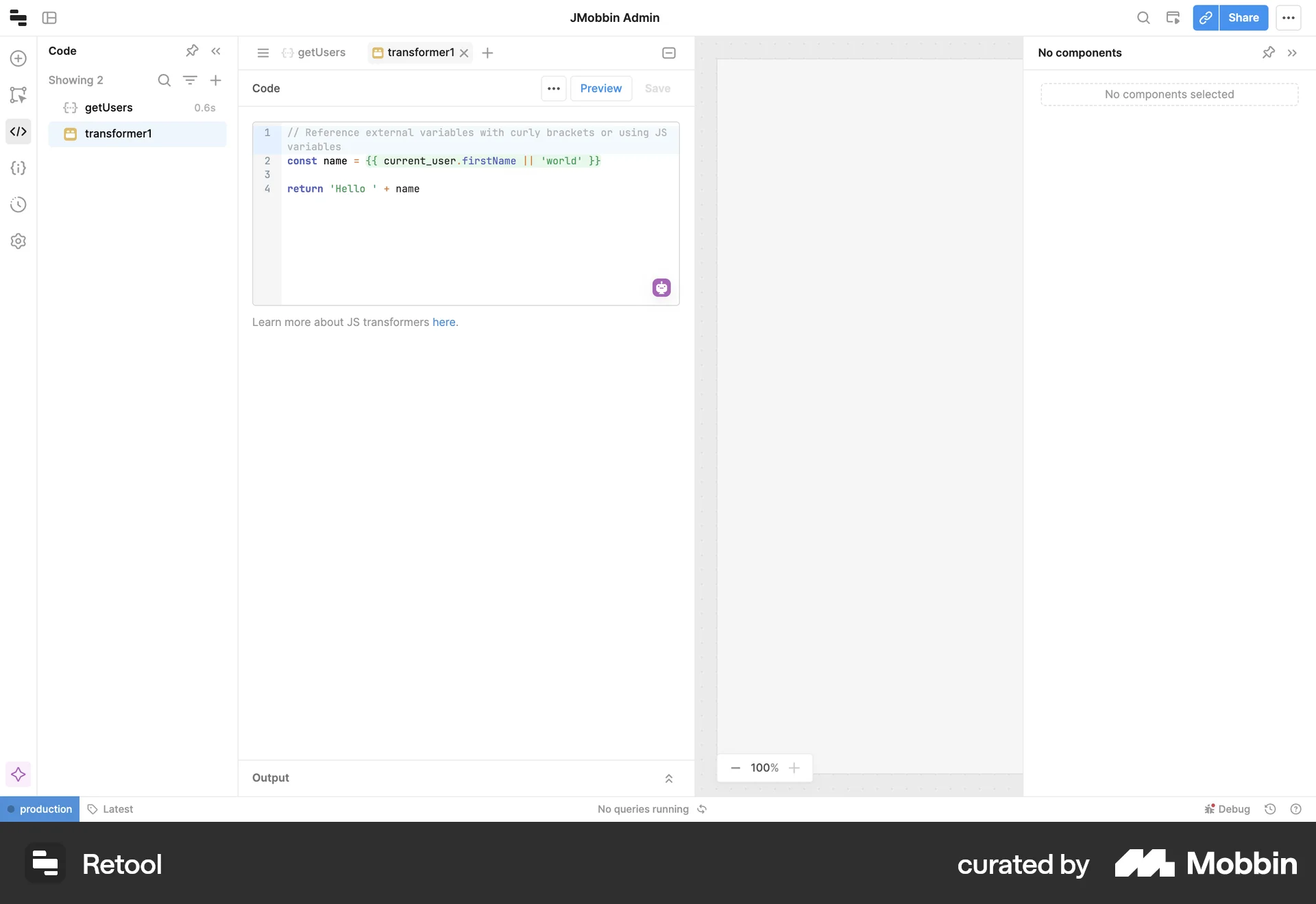 Retool Web Code Editor screen