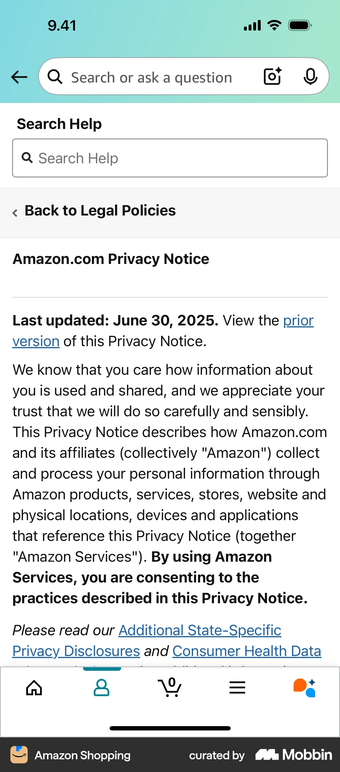 Amazon Shopping iOS Privacy Policy screen