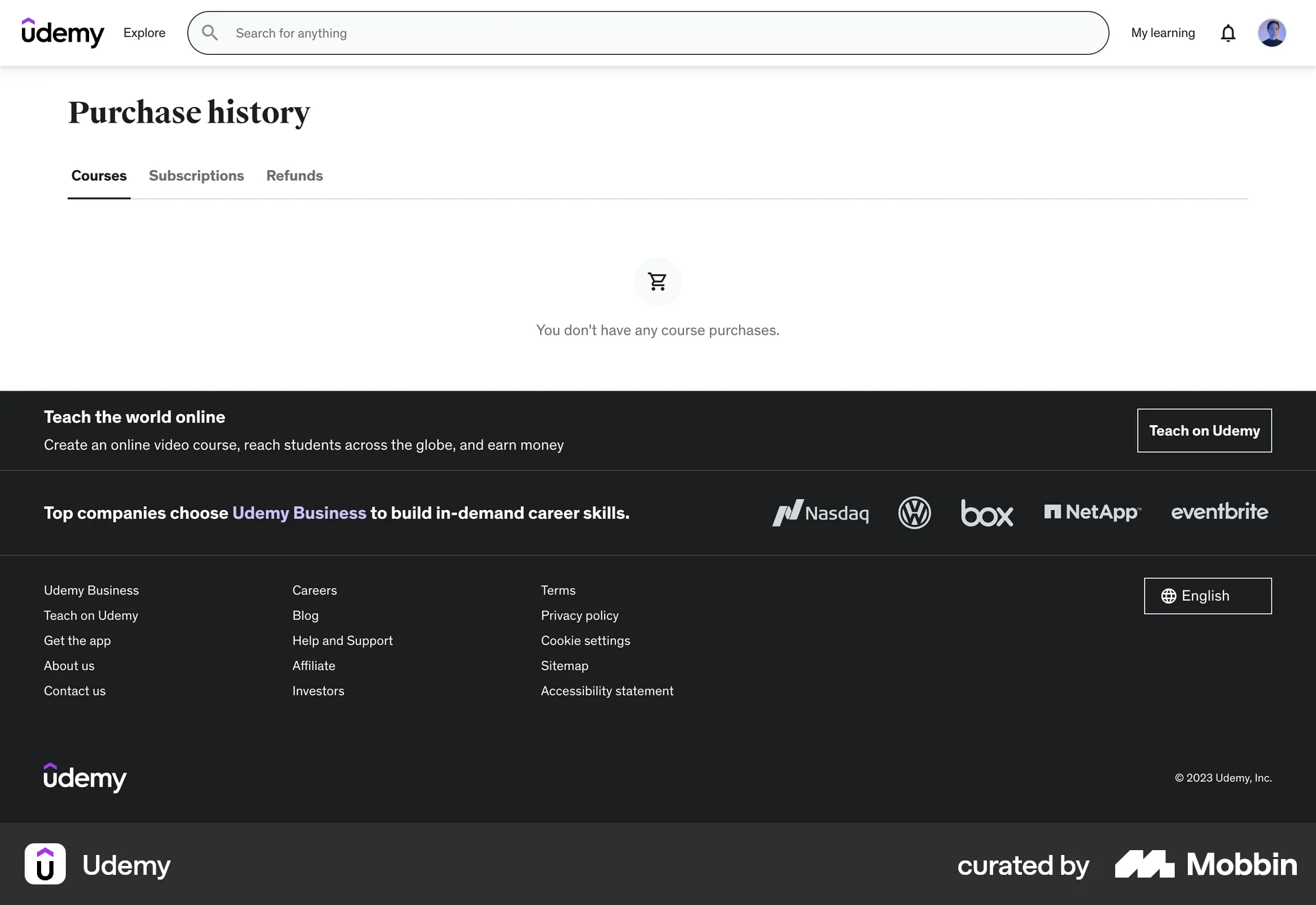 Udemy Web Order History screen