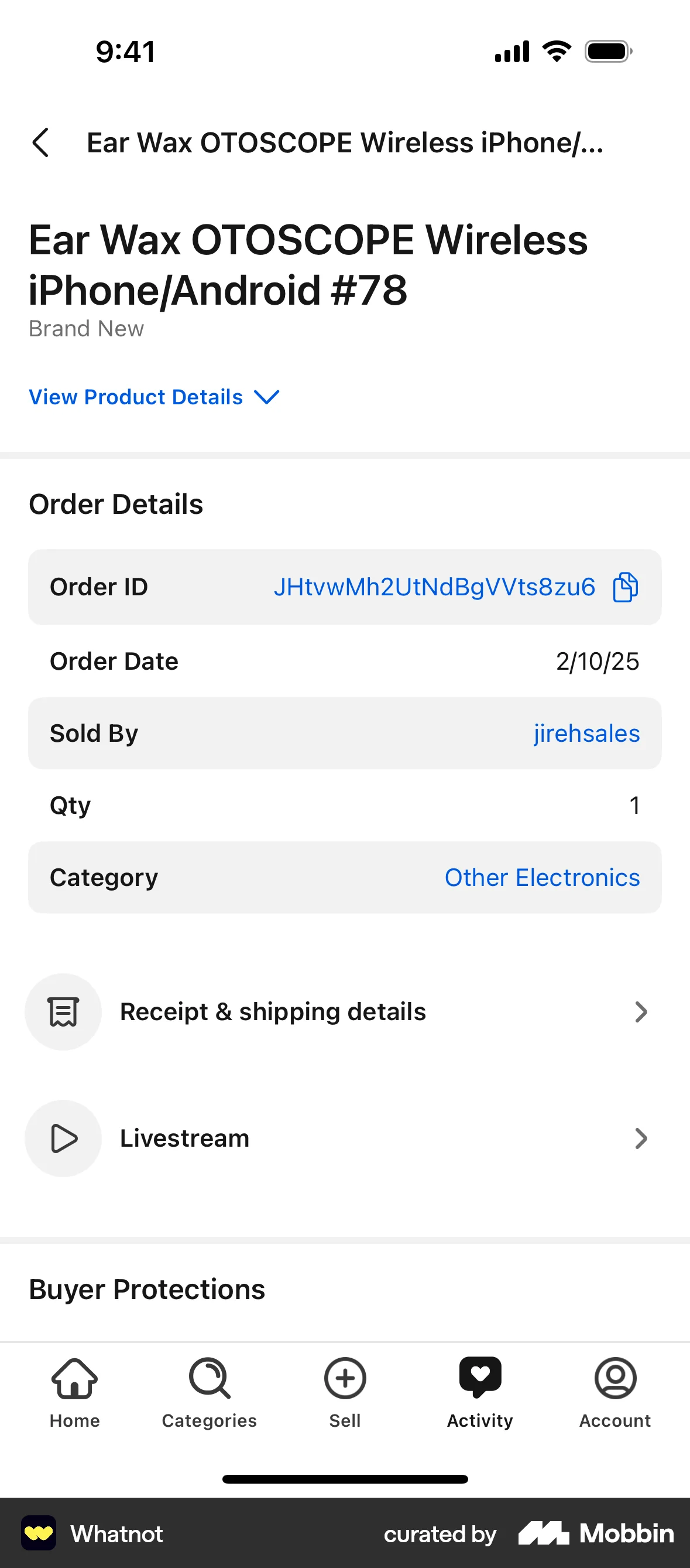 Whatnot iOS Order Detail screen