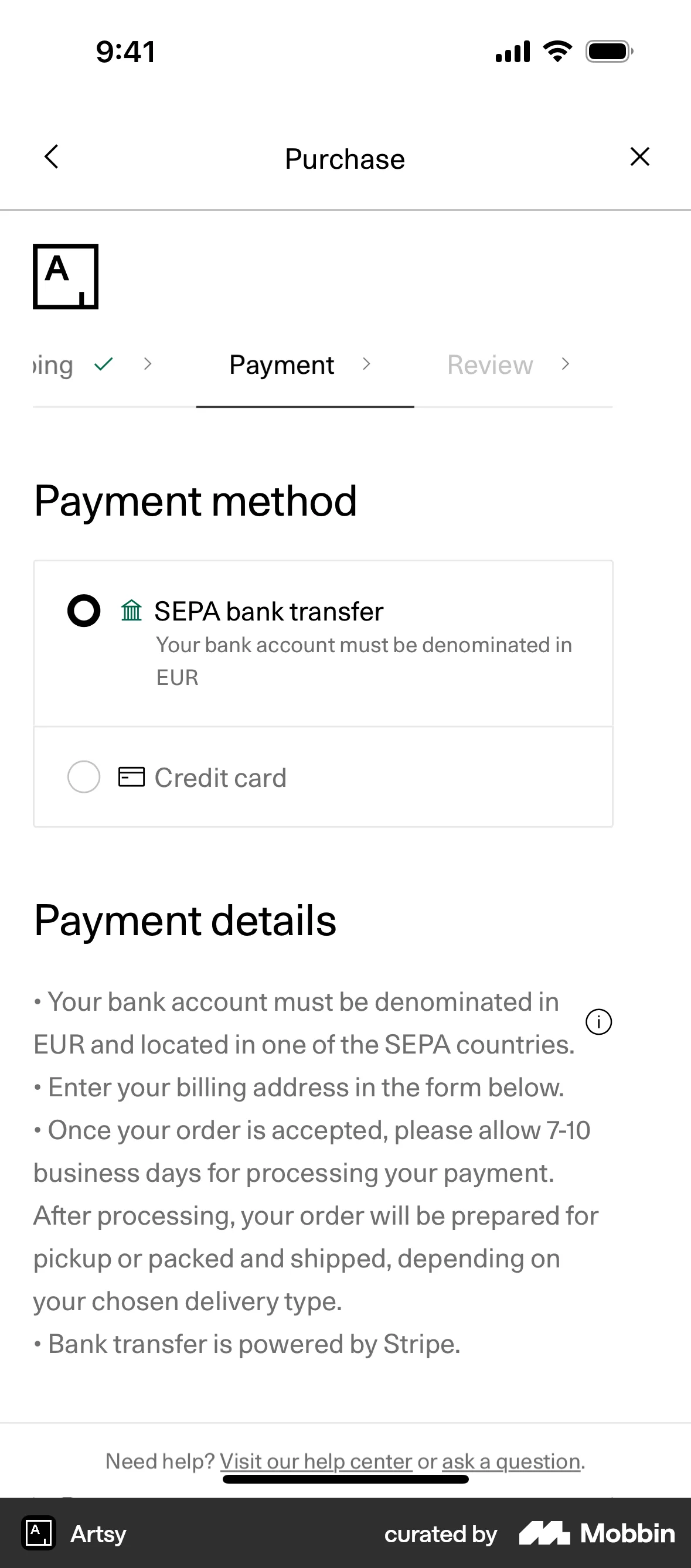 Artsy iOS screen containing Progress Indicator UI element