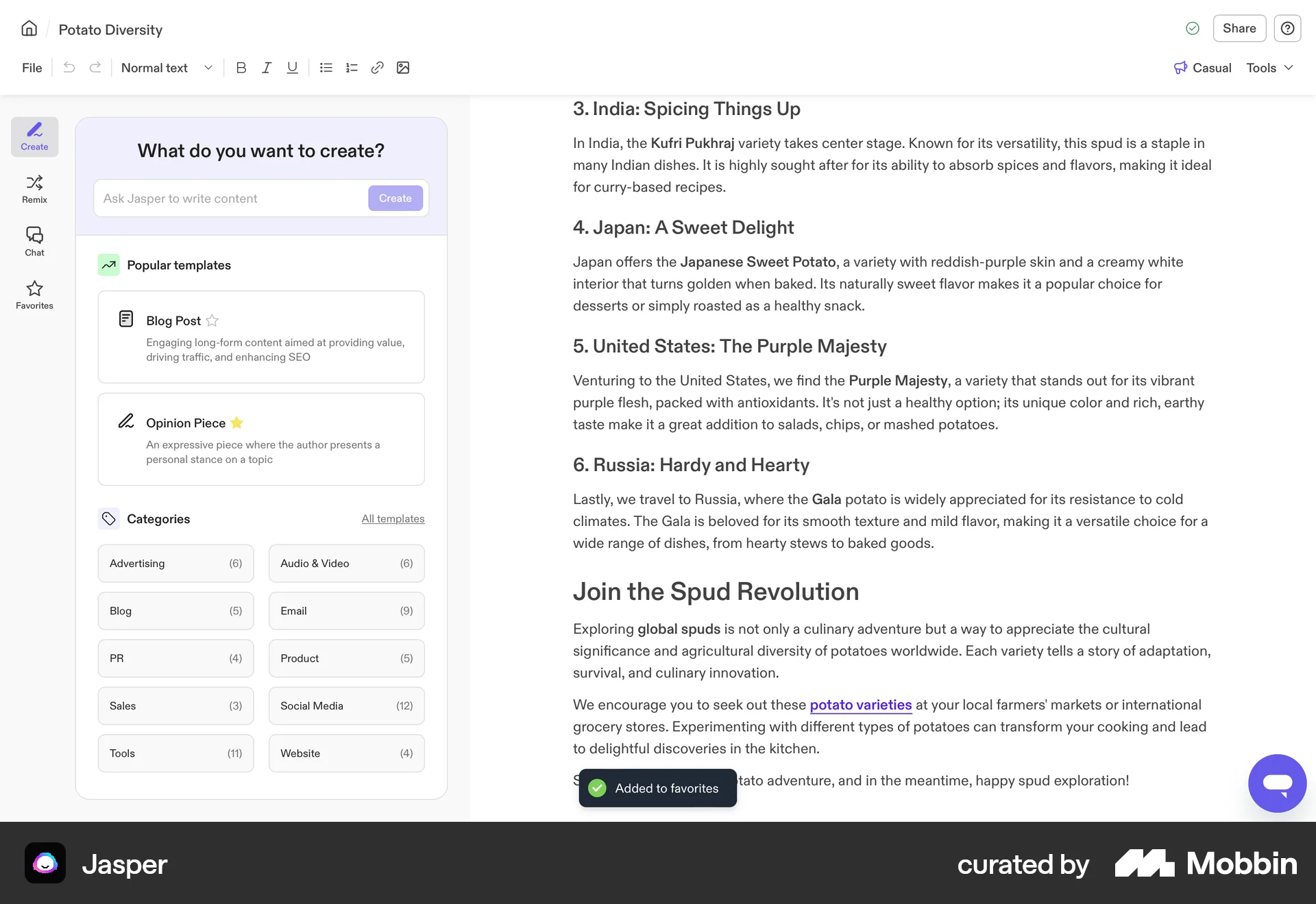Jasper Web Favorite & Pin screen