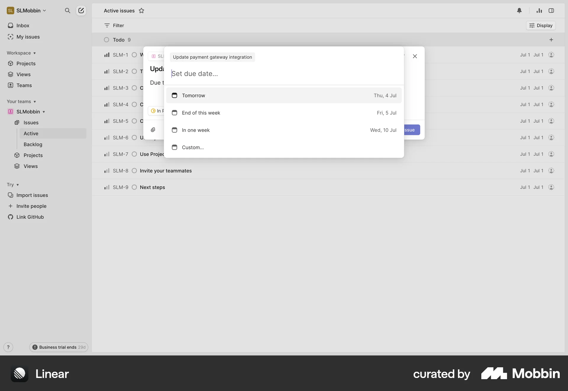 Linear Web Set screen