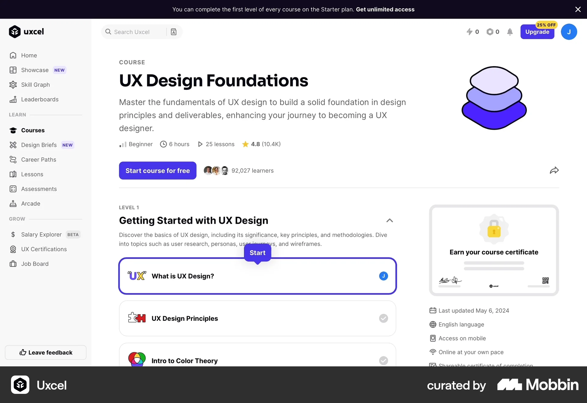 Uxcel Web Class & Lesson Detail screen