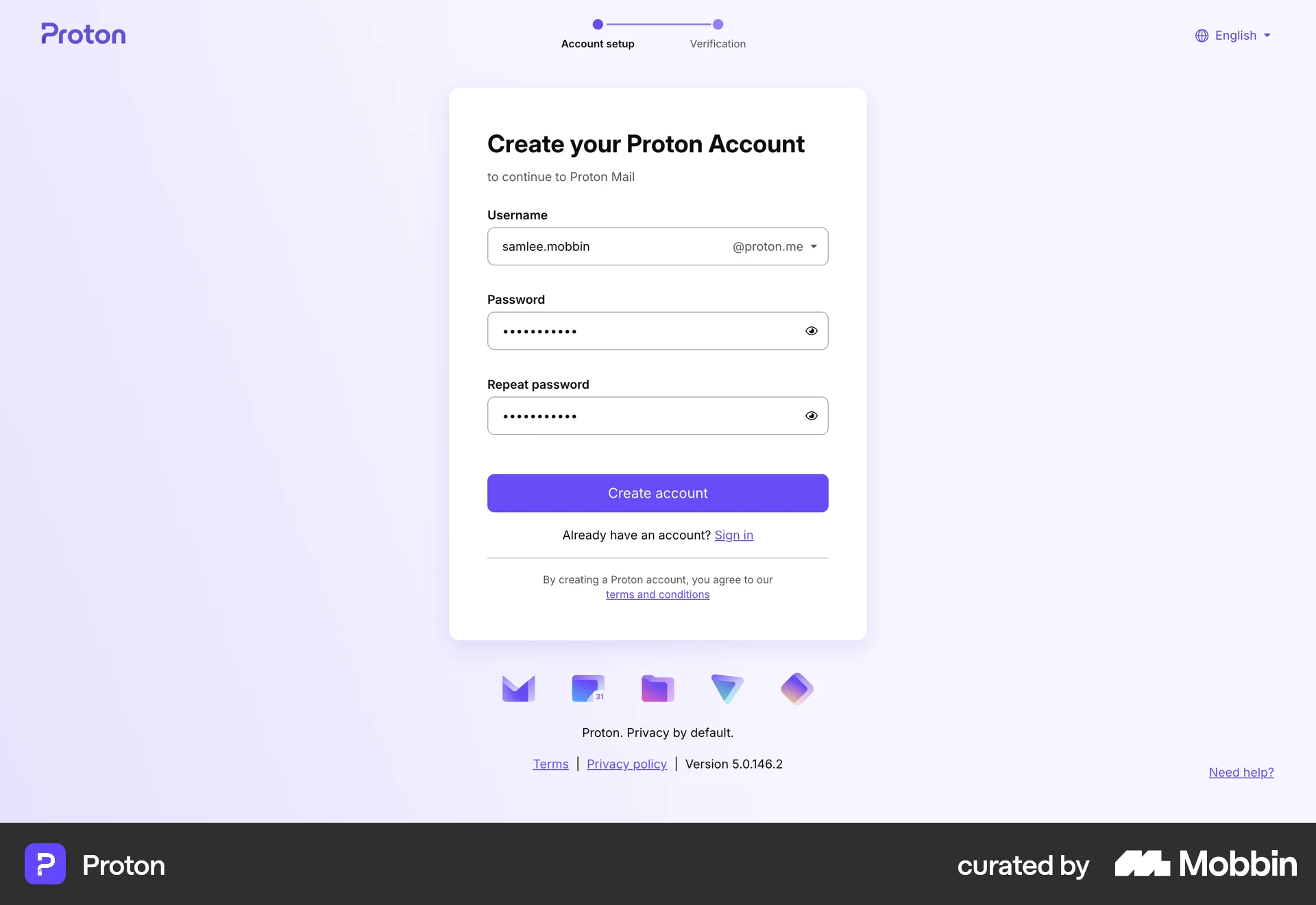 Proton Web Signup screen