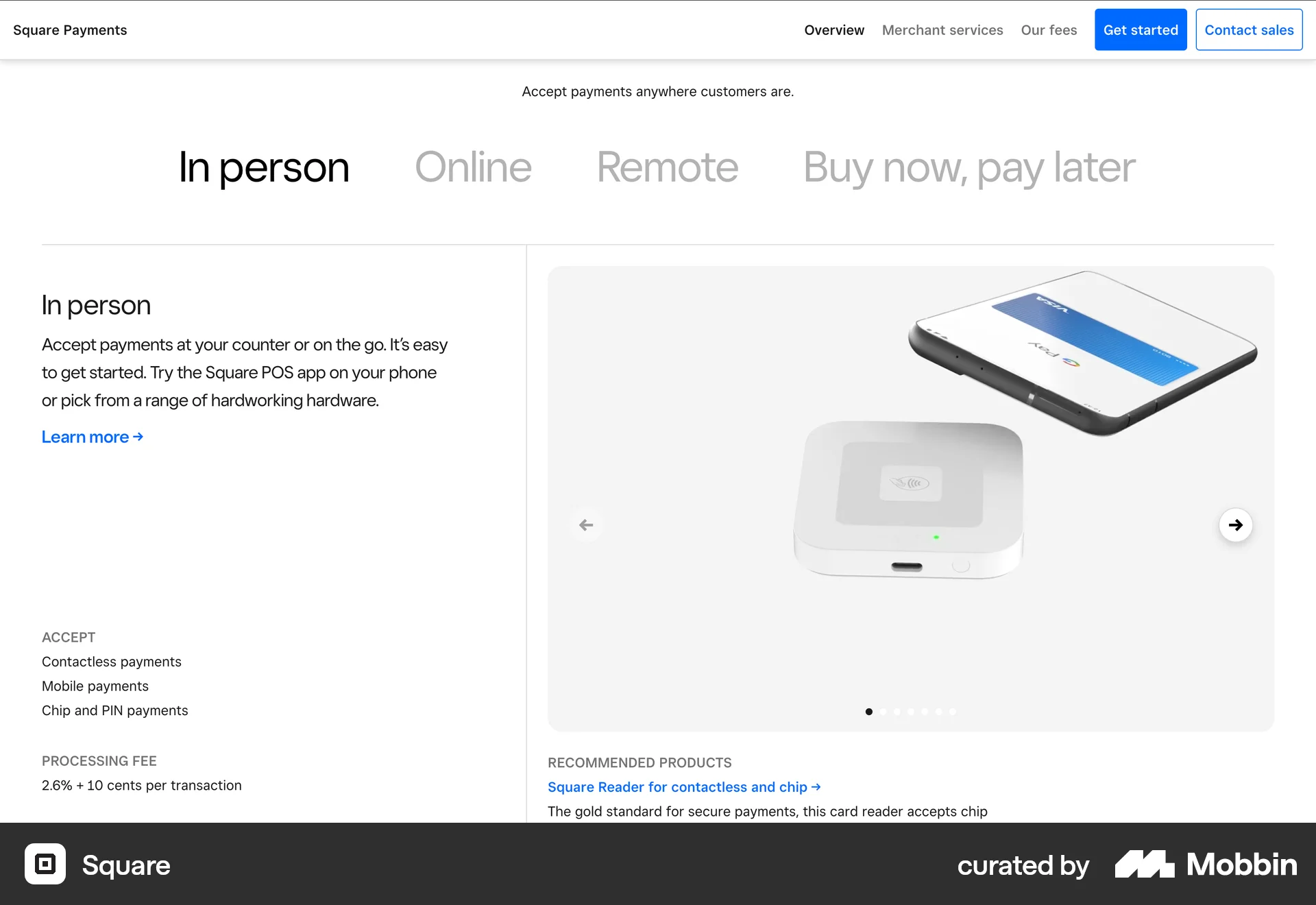 Square Web screen containing Carousel UI element
