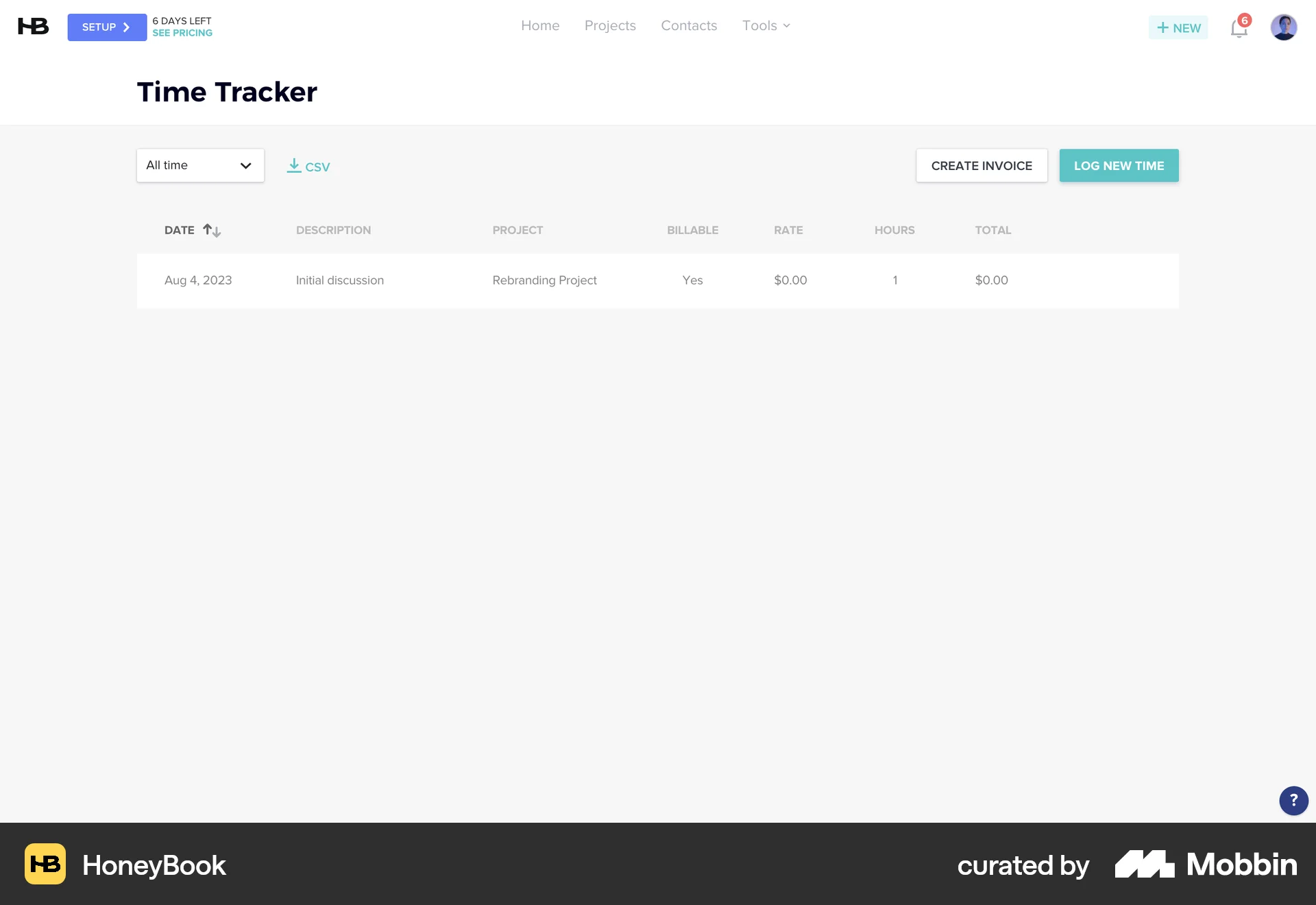 HoneyBook Web Time Tracker screen