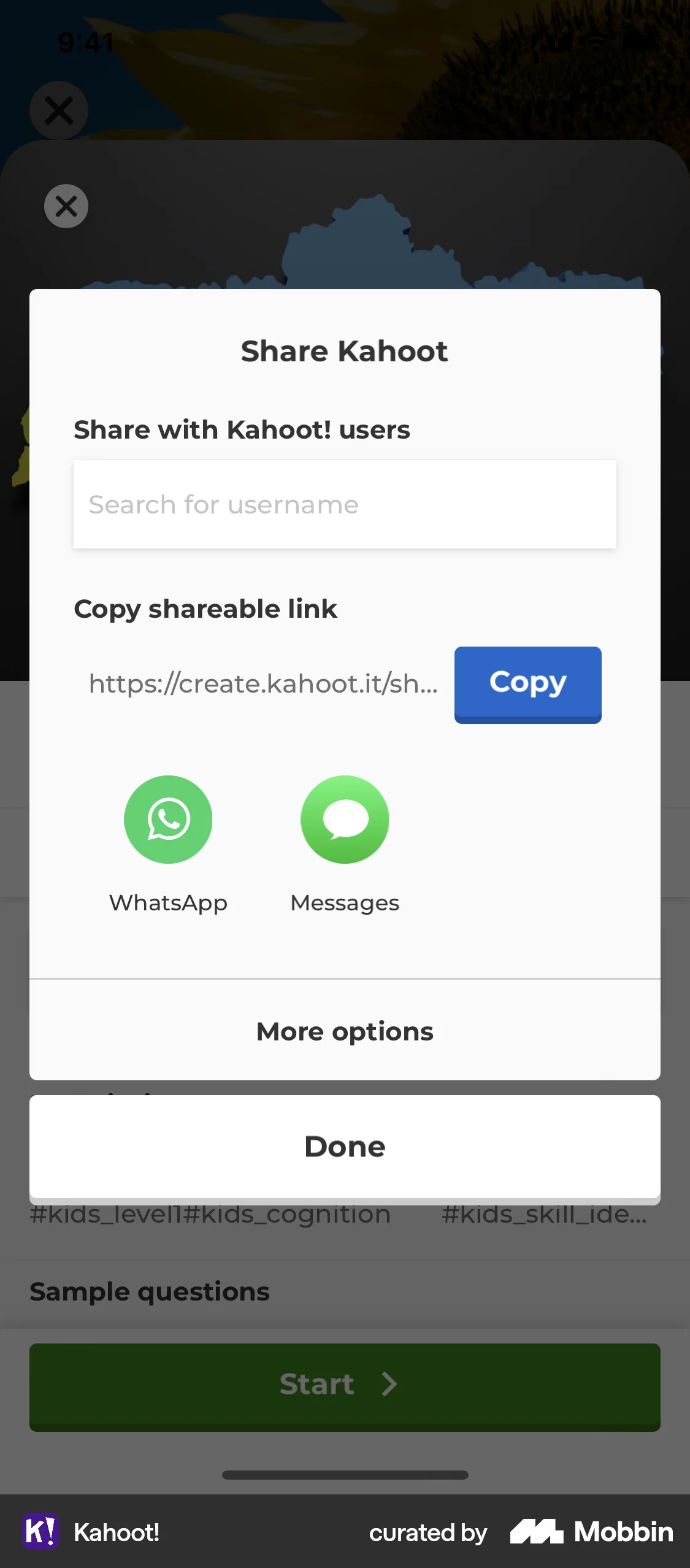 Kahoot! iOS screen containing Dialog UI element