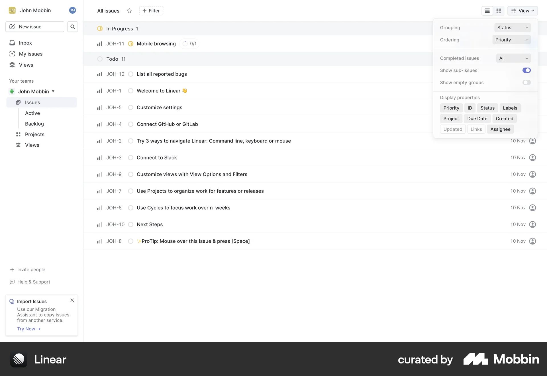 Linear Web screen containing Switch UI element