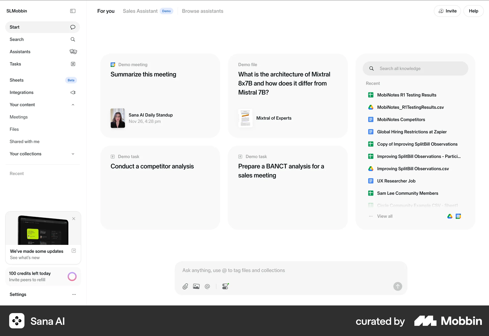 Sana AI Web Home screen