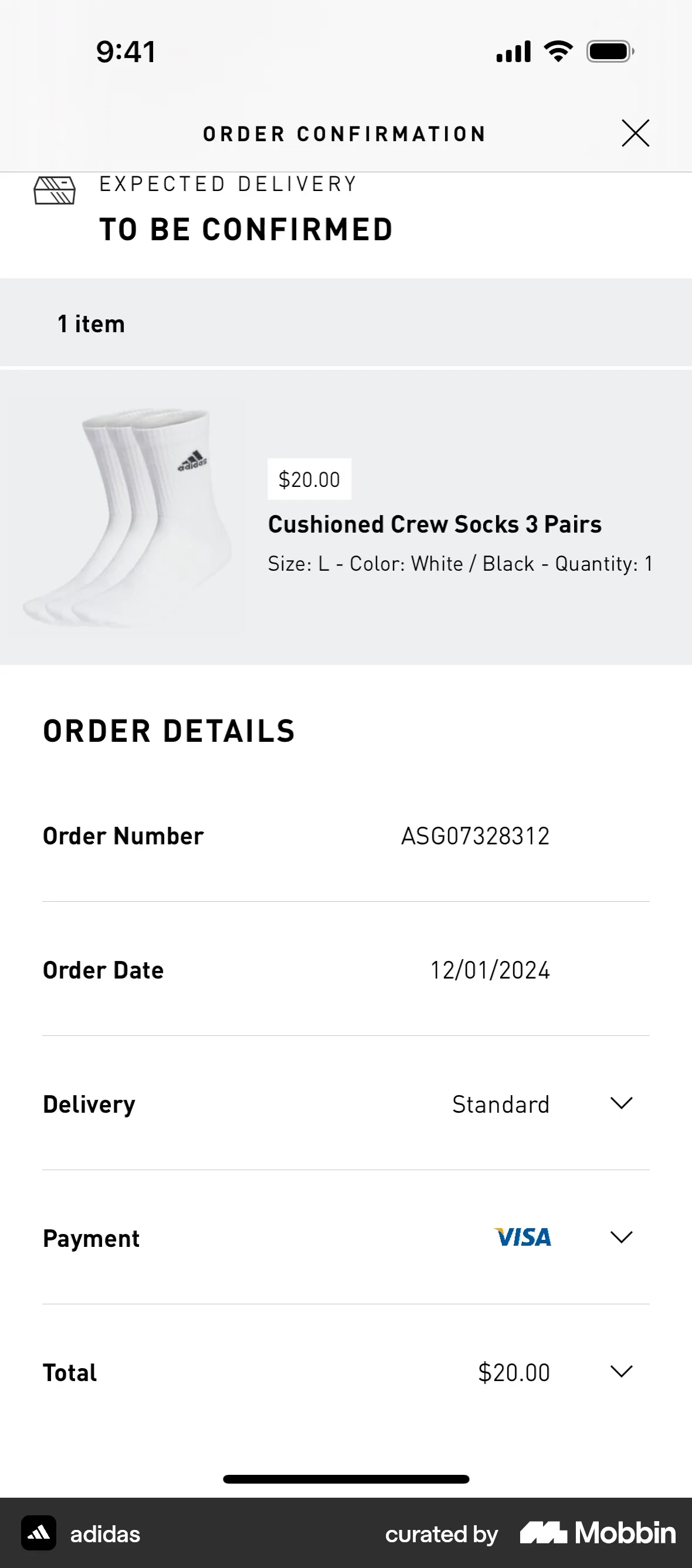 adidas iOS Order Confirmation screen