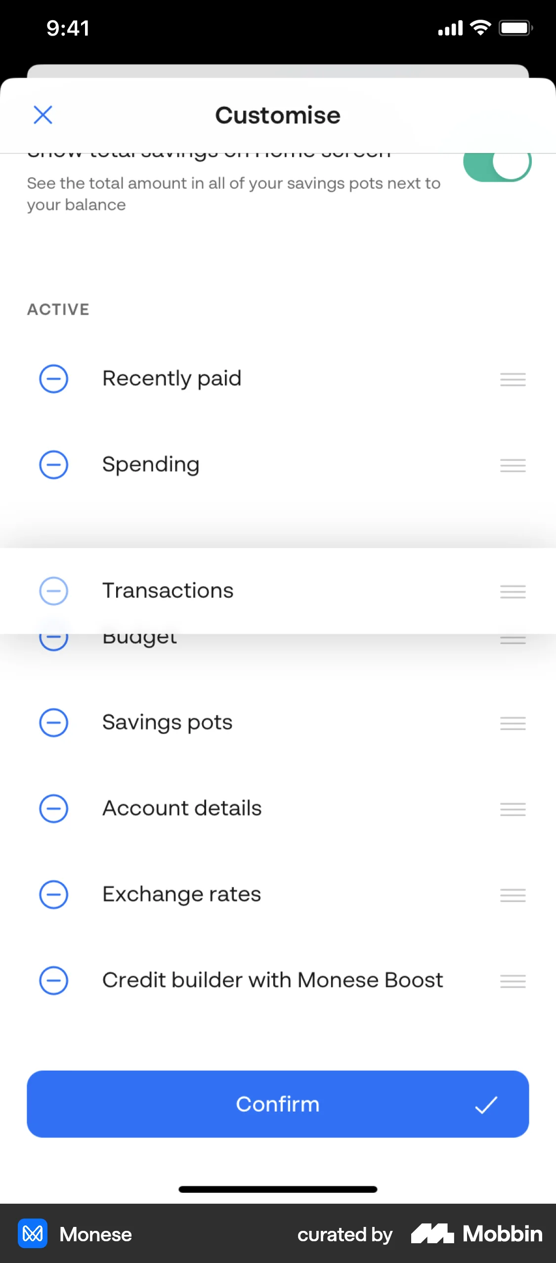 Monese iOS Reorder screen