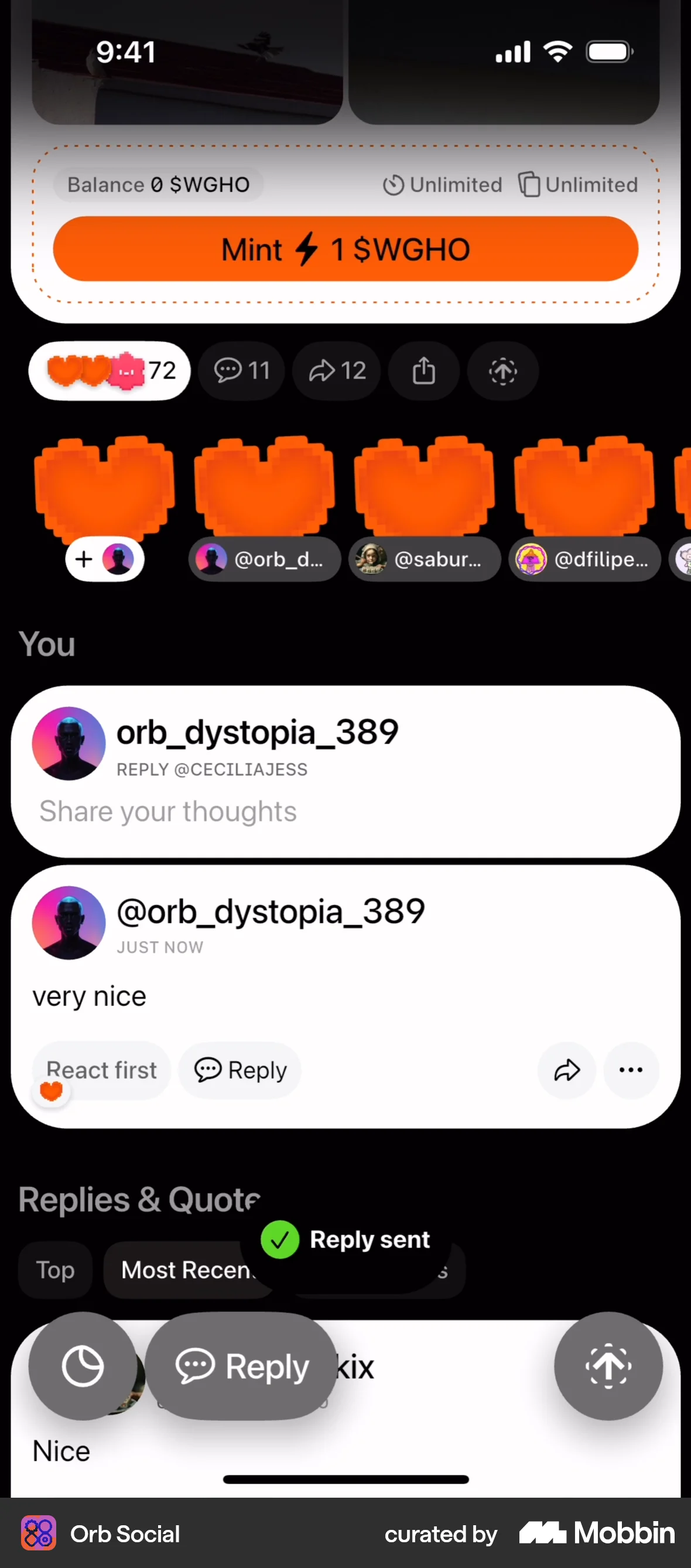 Orb Social iOS screen containing Toast UI element