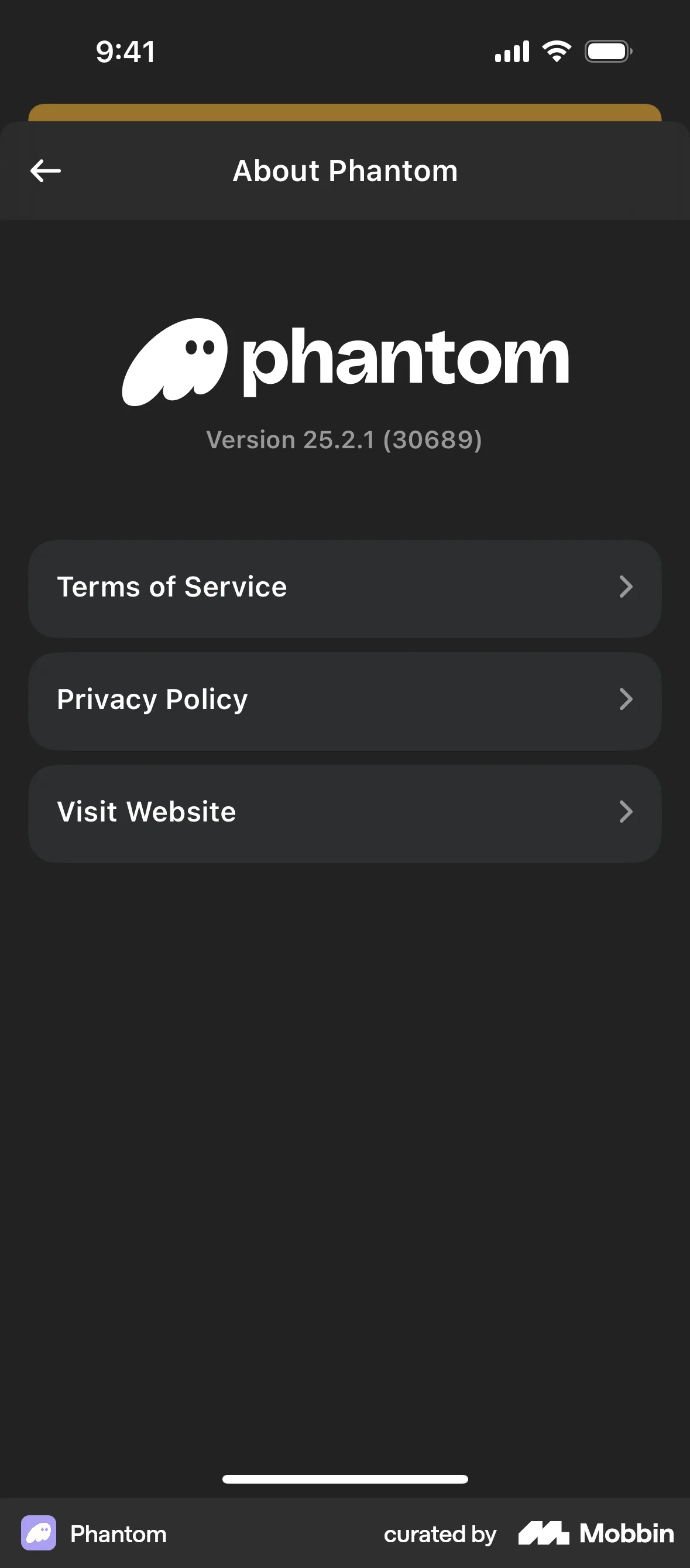 Phantom iOS About screen