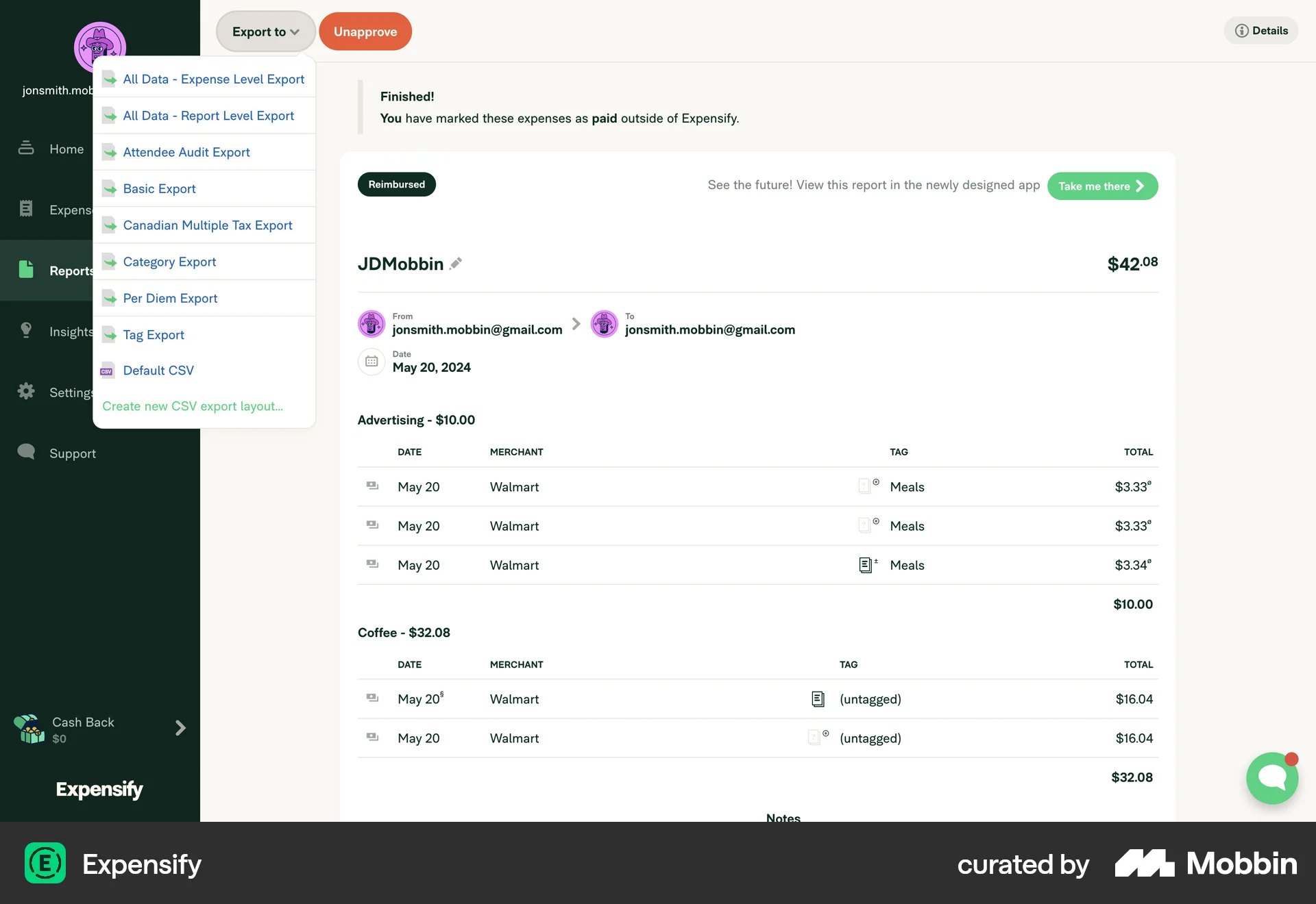 Expensify Web Import & Export screen