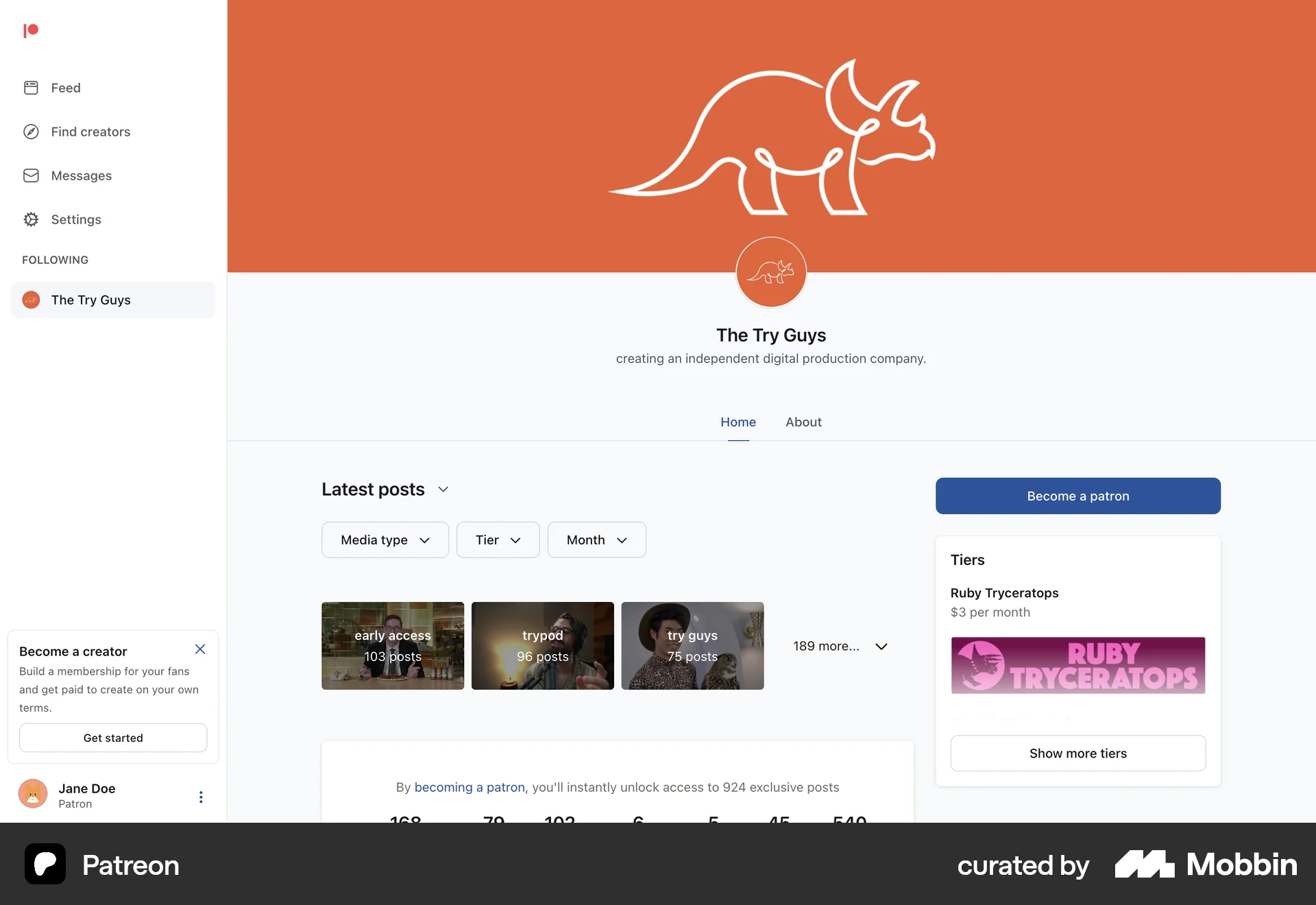 Patreon Web Social Feed screen