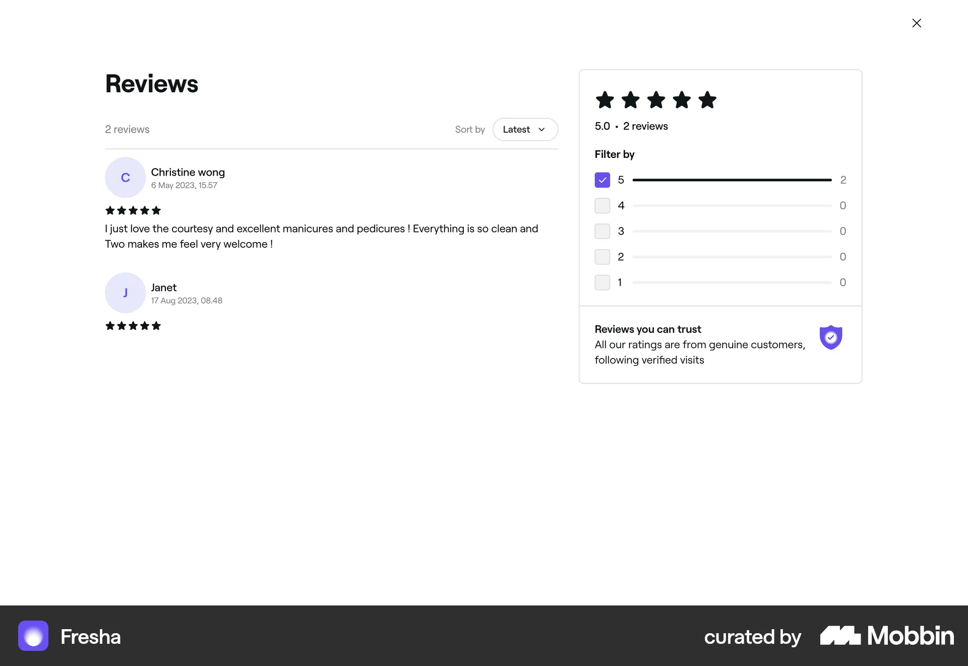 Fresha Web Reviews & Ratings screen
