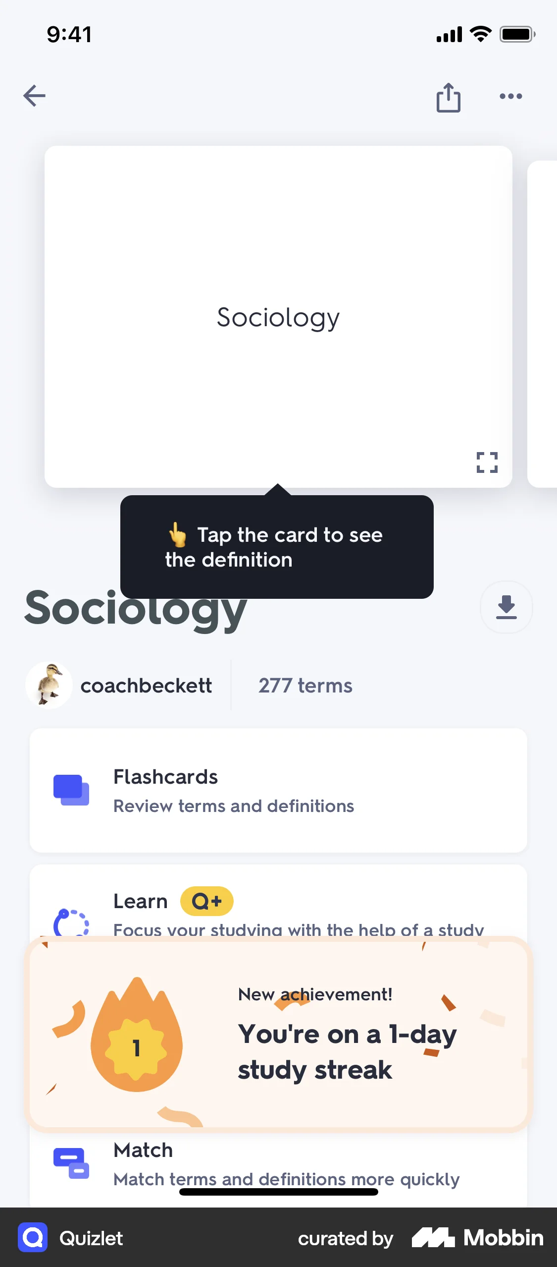 Quizlet iOS screen containing Coach Marks UI element
