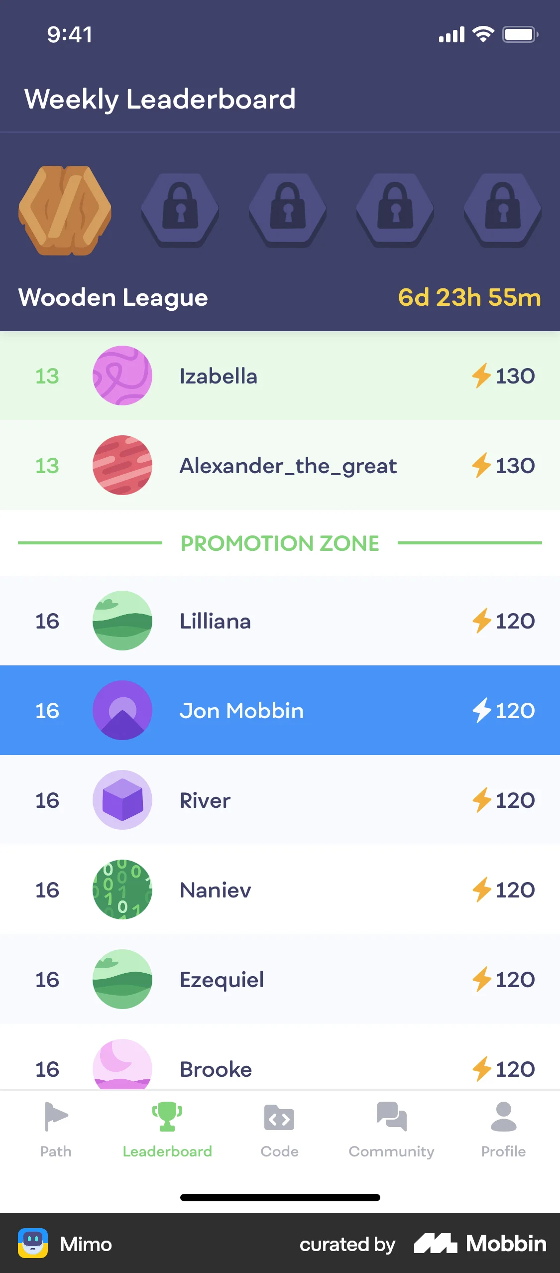 Mimo iOS Leaderboard screen