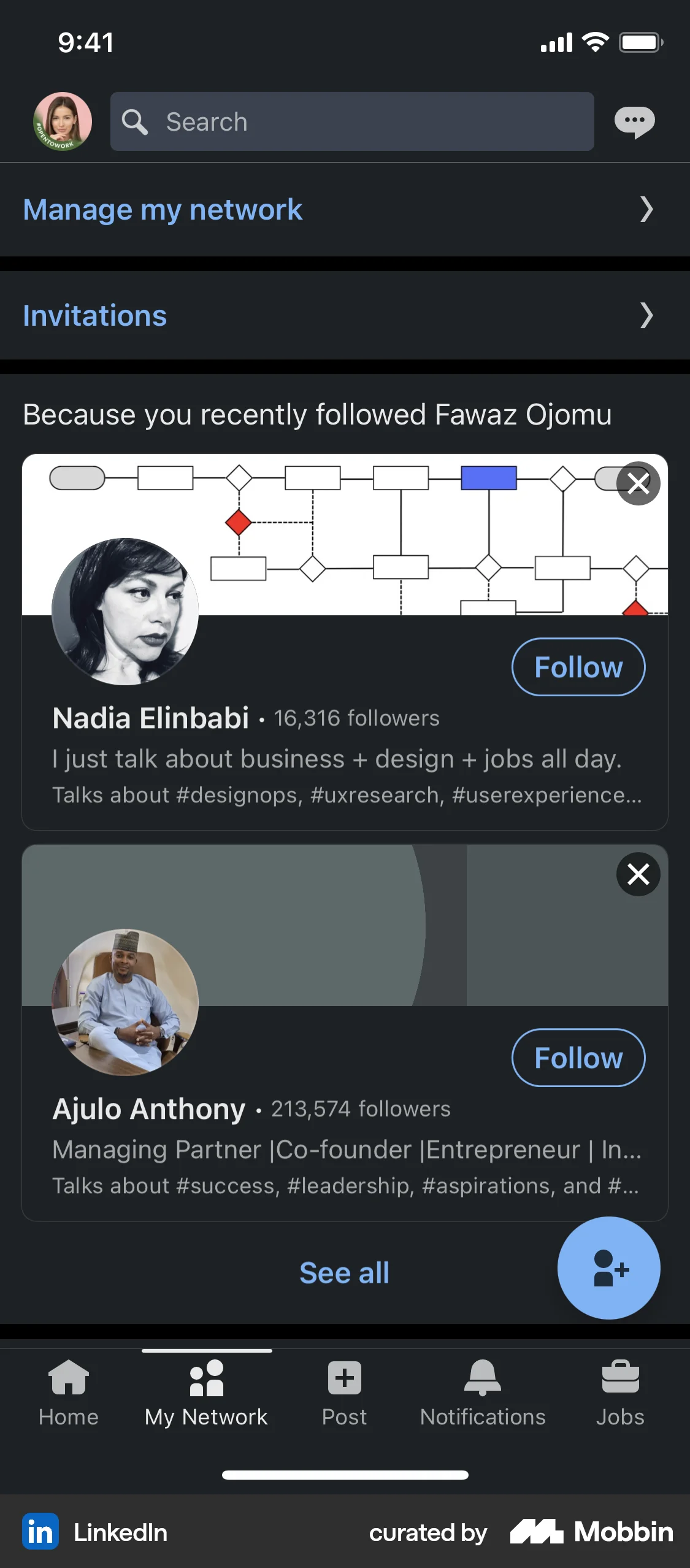 LinkedIn iOS Follow & Subscribe screen