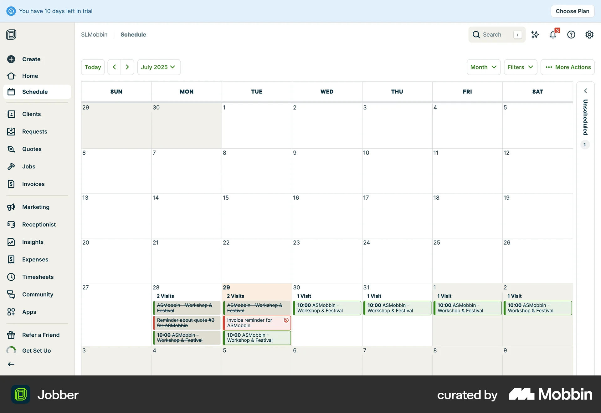 Jobber Web Timeline & History screen