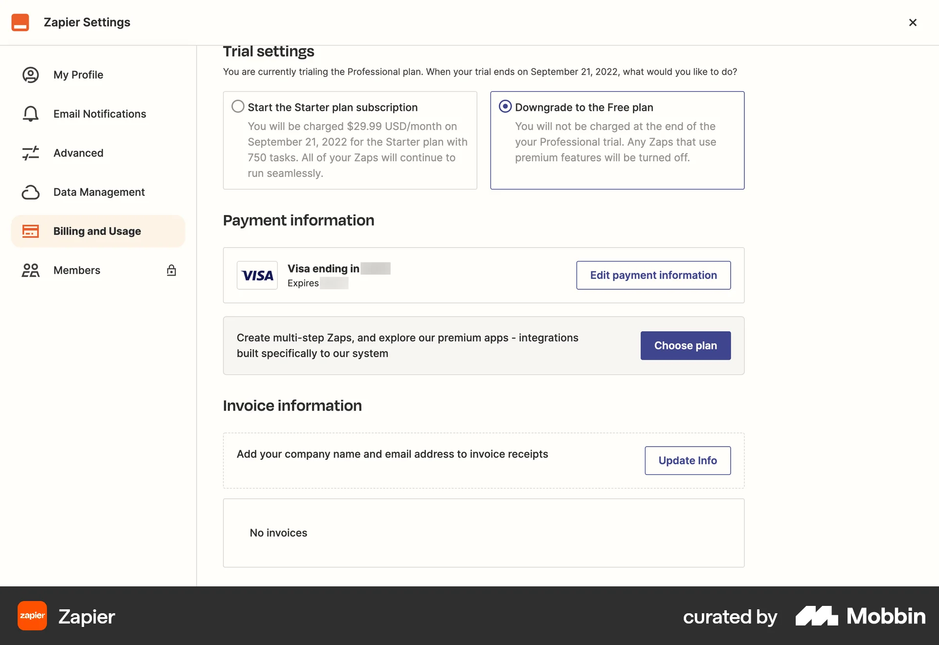 Zapier Web Billing screen