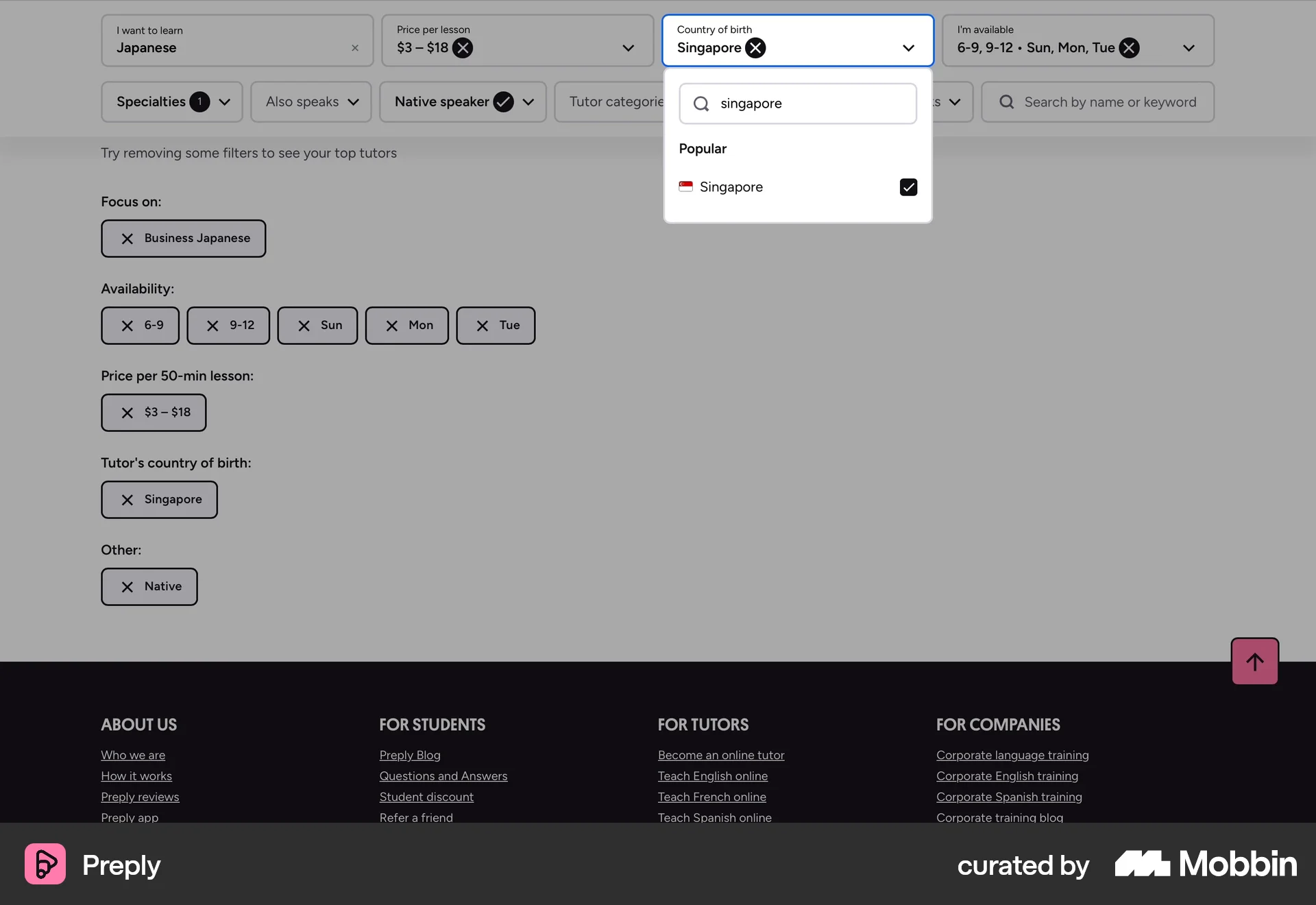 Preply Web screen containing Filter Panel UI UI element