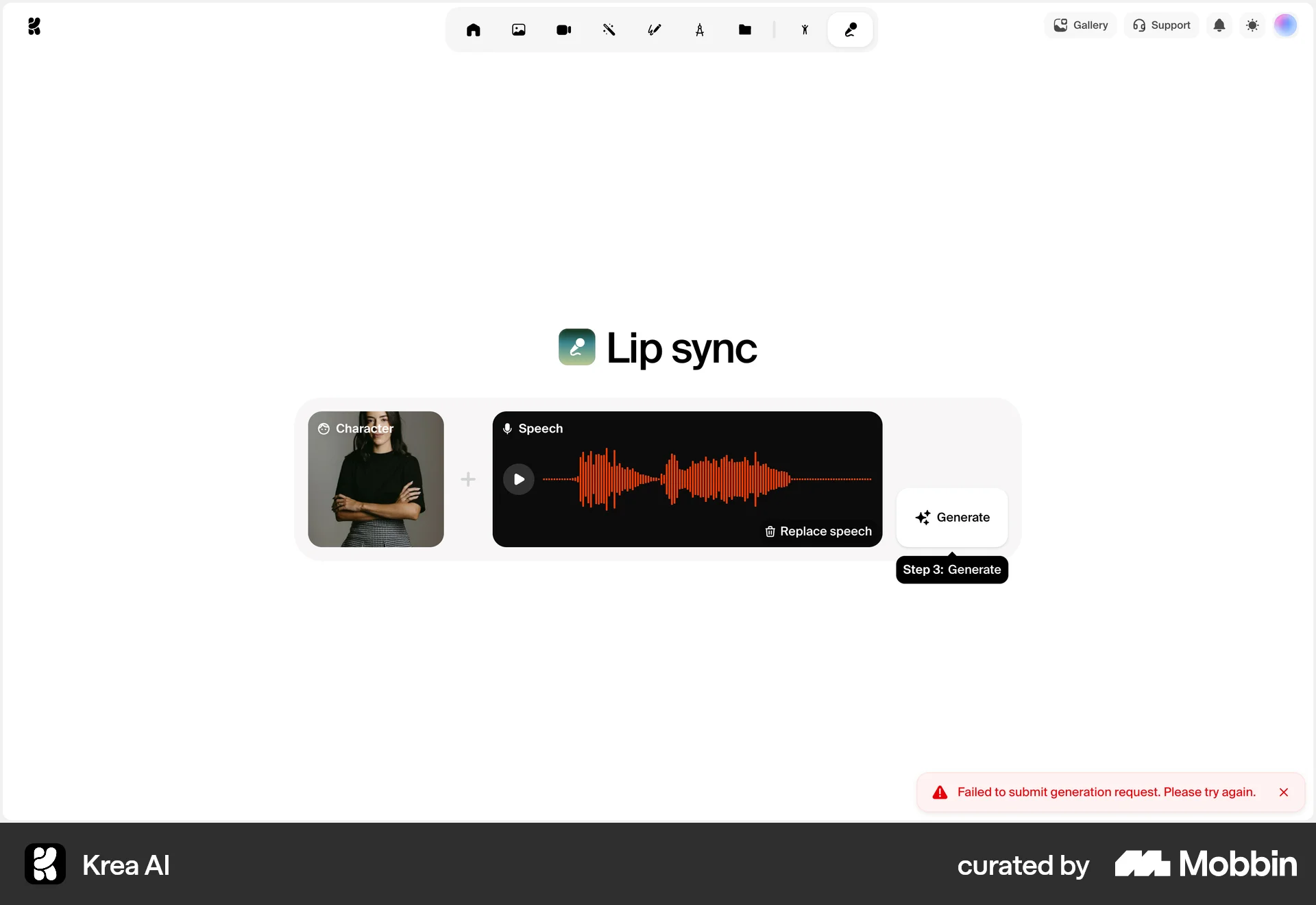 Krea AI Web screen containing Toast UI element