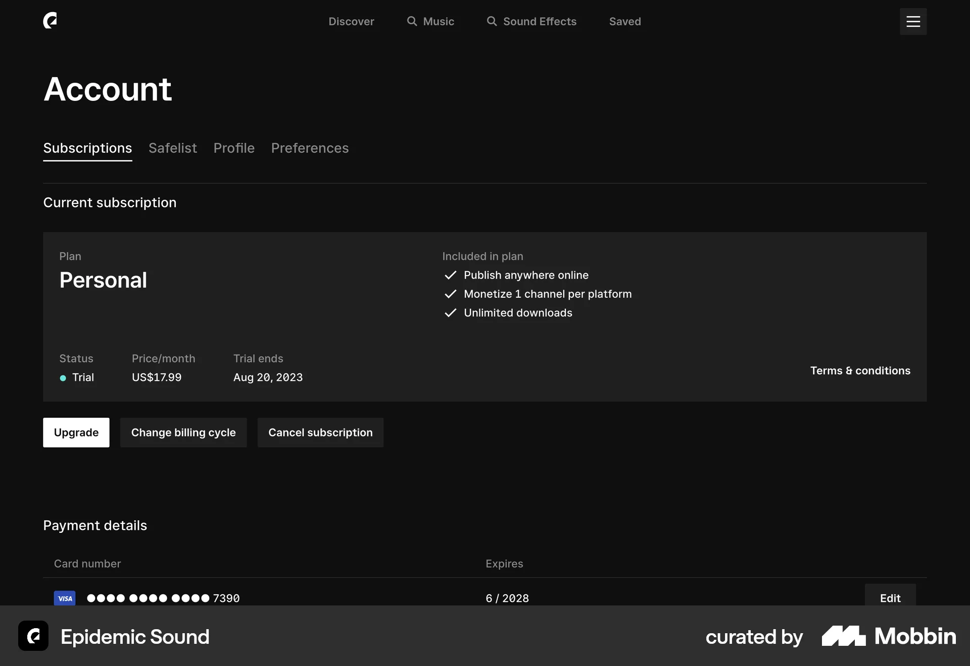 Epidemic Sound Web My Account & Profile screen