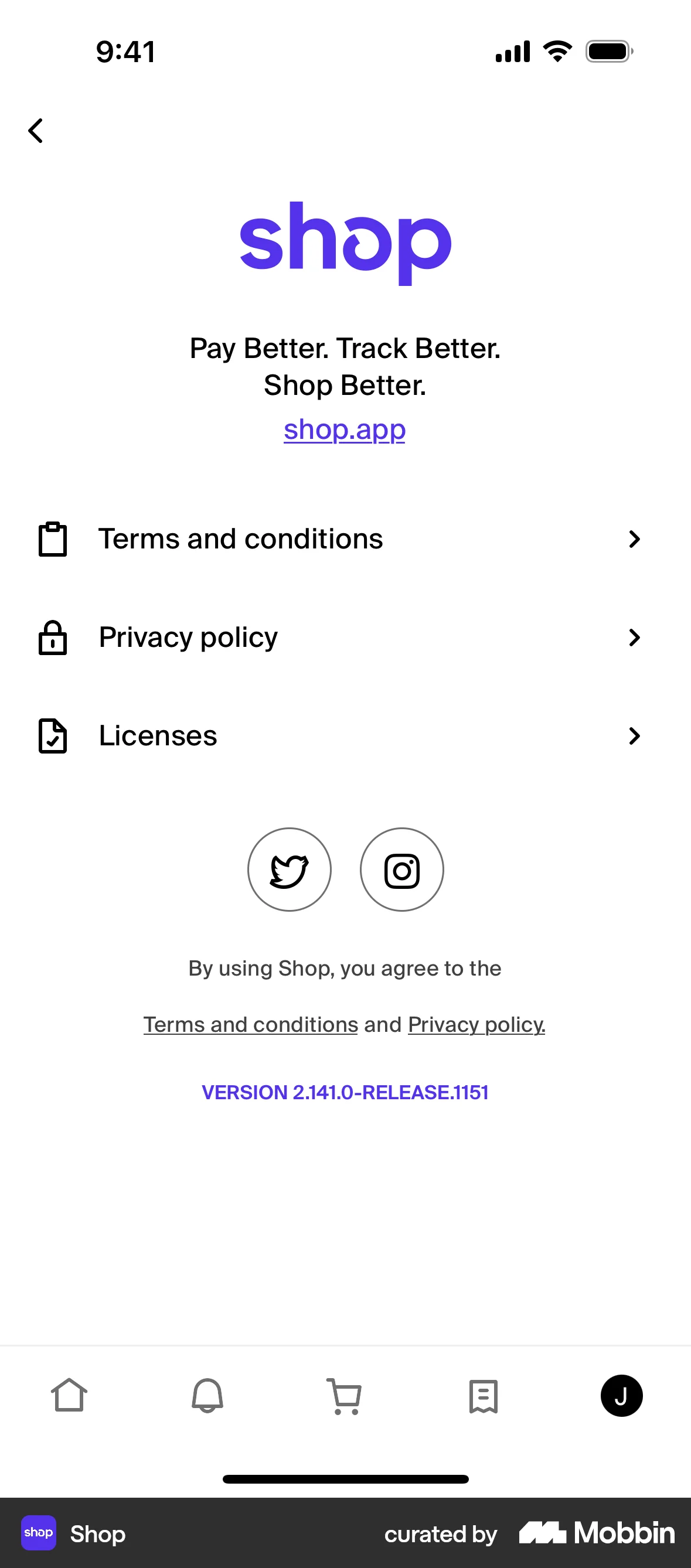 Shop iOS About screen